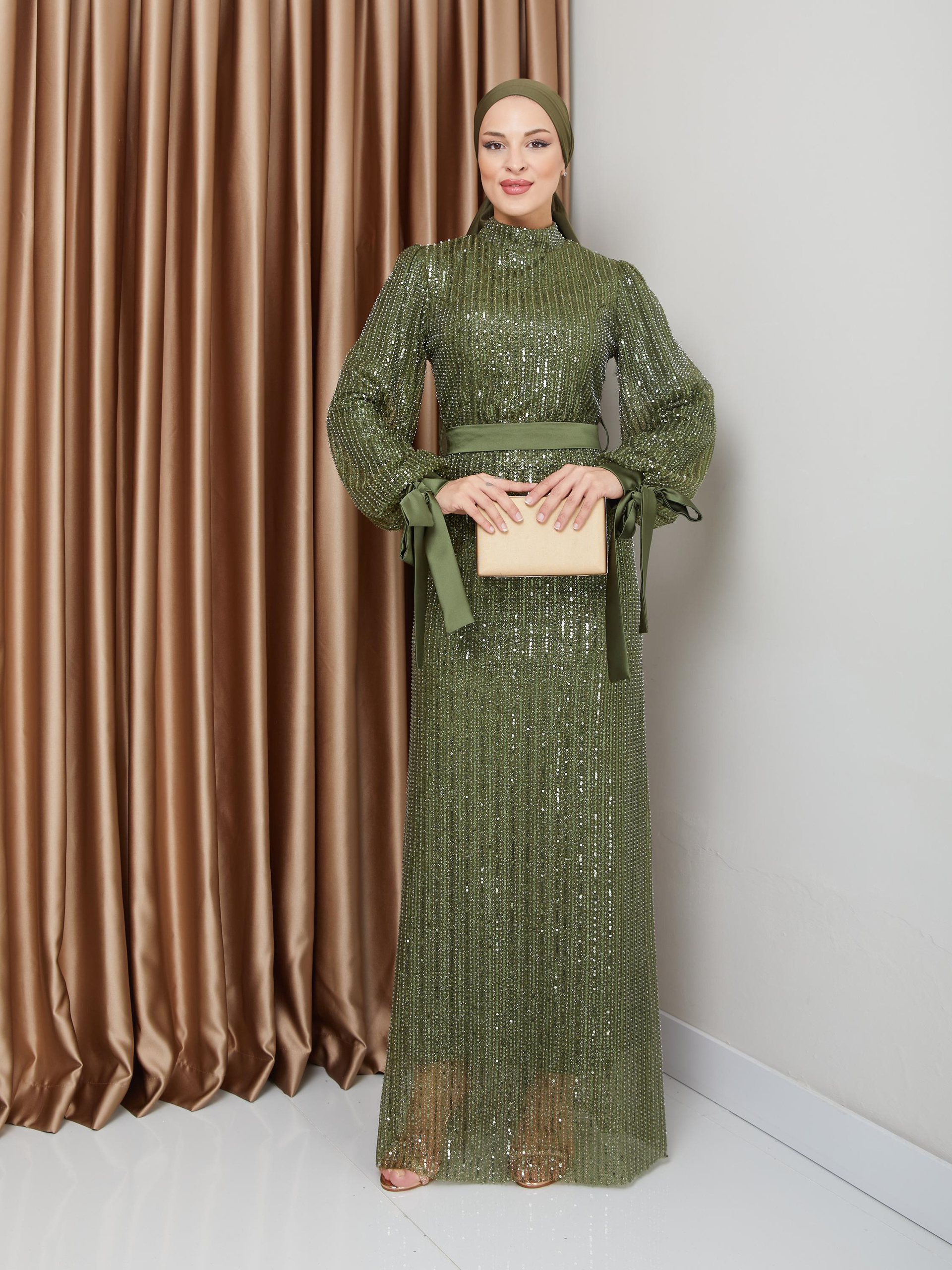 Sequin Hijab Evening Dress with Bow Detail on the Armhole GREEN 1222