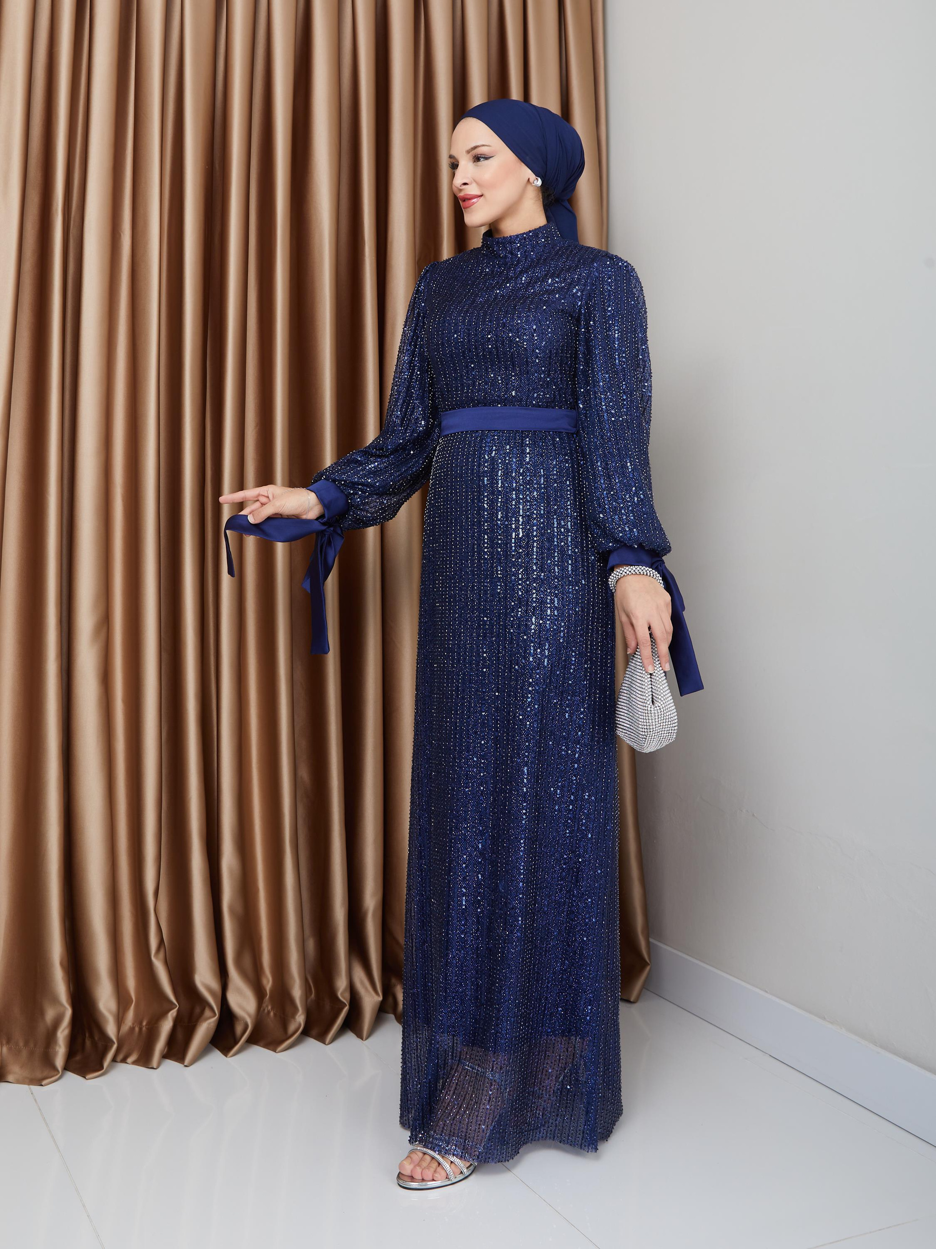 Sequin Hijab Evening Dress with Bow Detail on the Armhole NAVY 1222