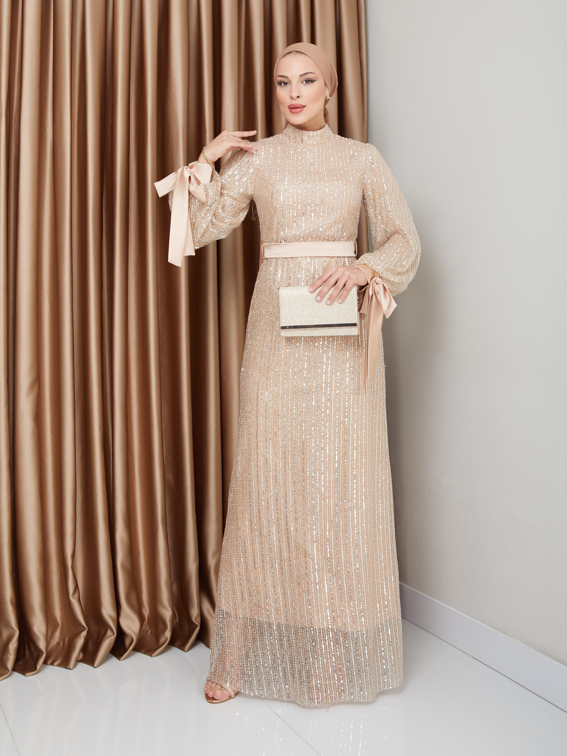 Sequin Hijab Evening Dress with Bow Detail on the Armhole IVORY 1222