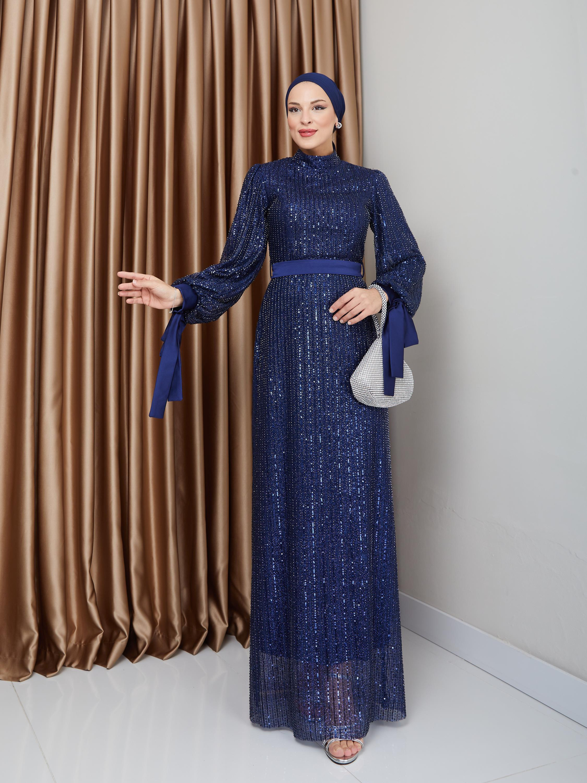 Sequin Hijab Evening Dress with Bow Detail on the Armhole NAVY 1222