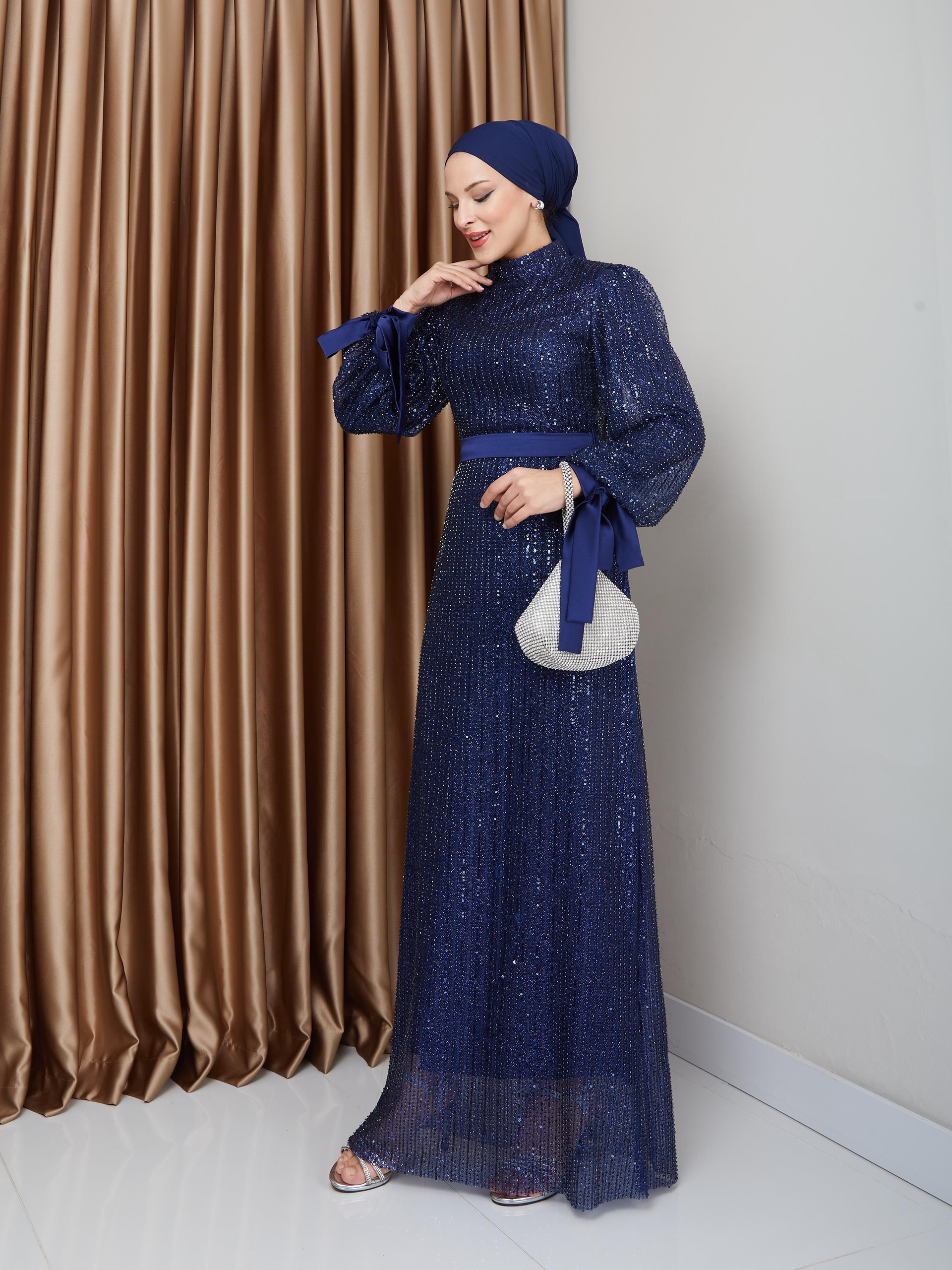 Sequin Hijab Evening Dress with Bow Detail on the Armhole NAVY 1222