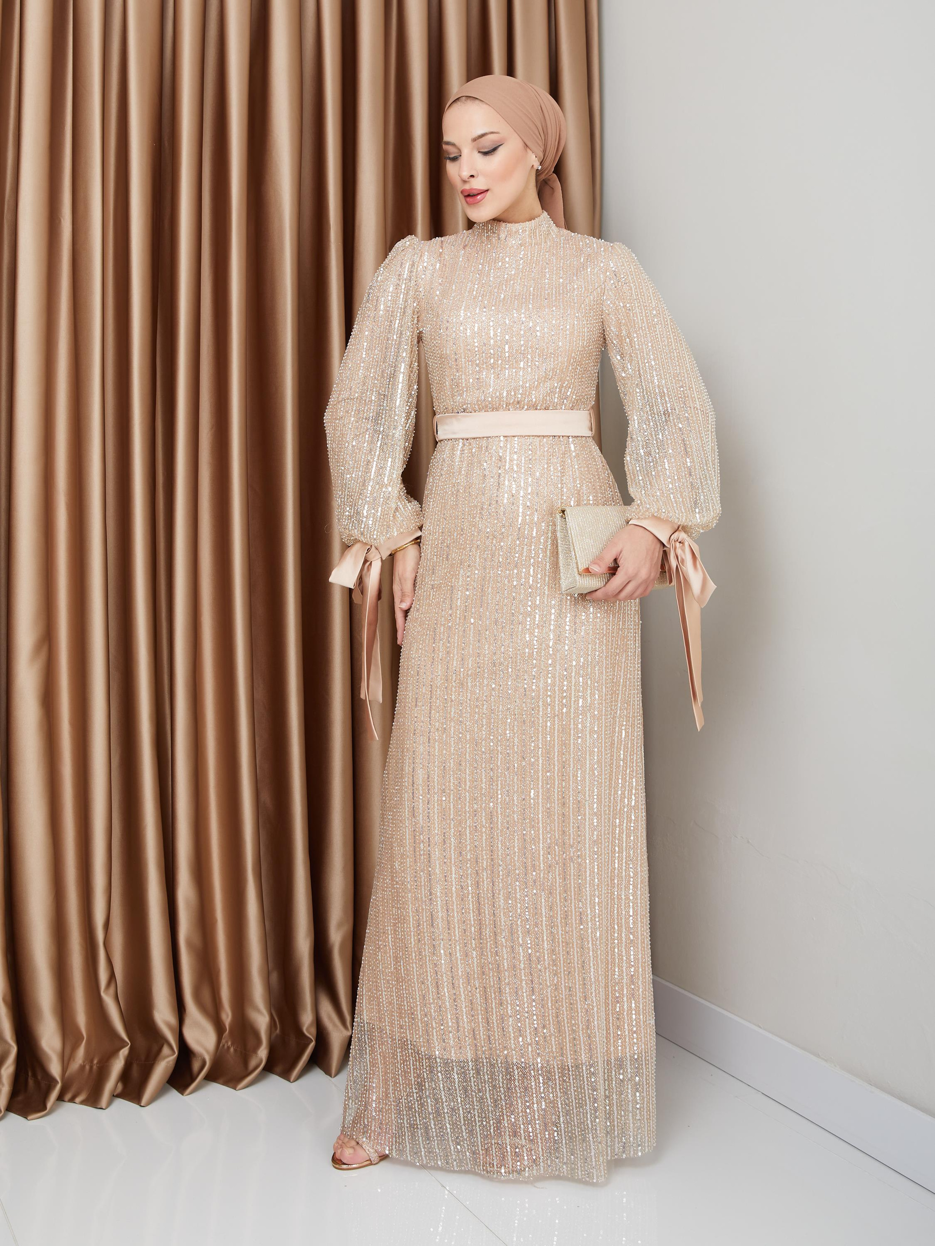 Sequin Hijab Evening Dress with Bow Detail on the Armhole IVORY 1222
