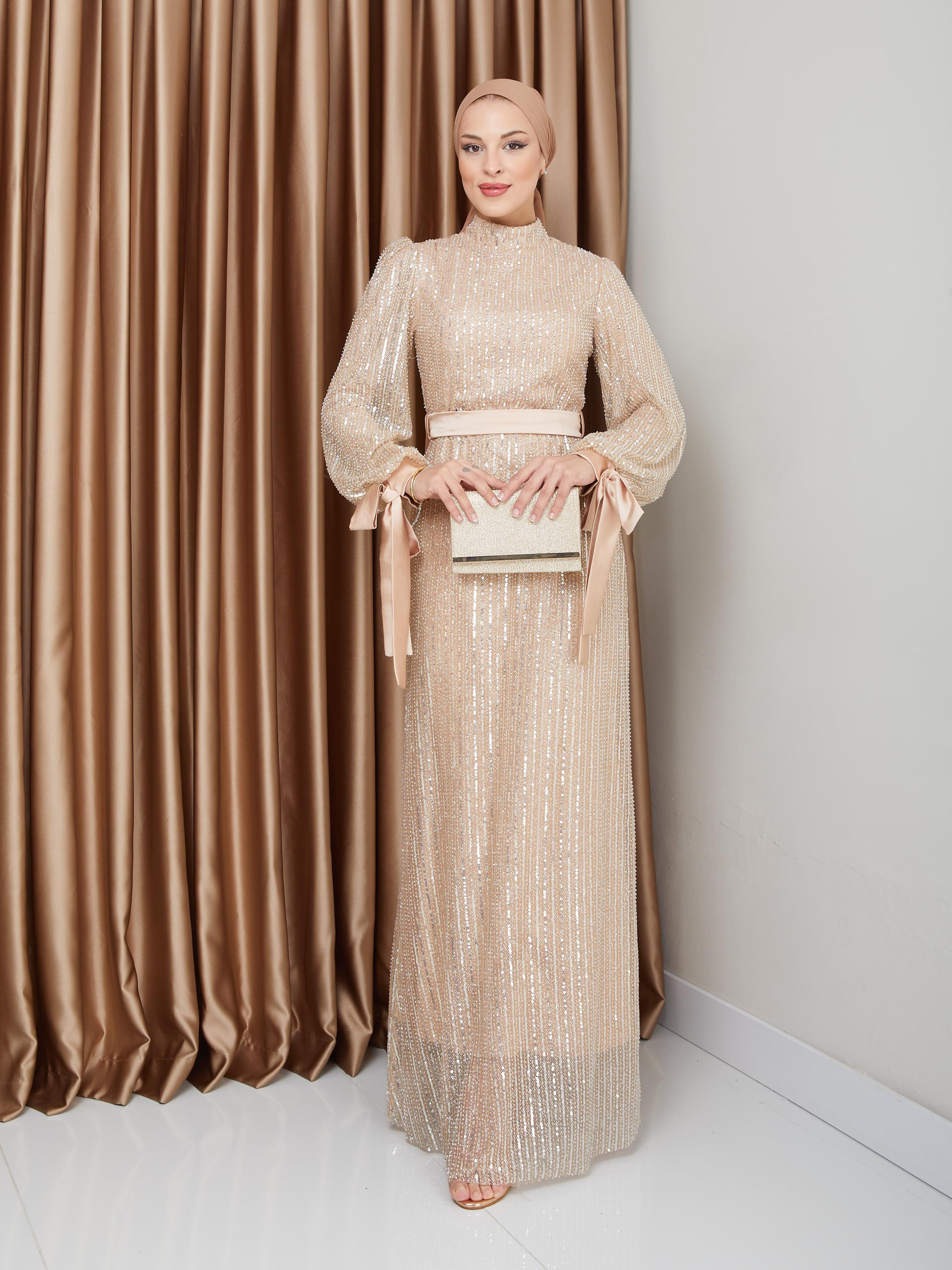Sequin Hijab Evening Dress with Bow Detail on the Armhole IVORY 1222