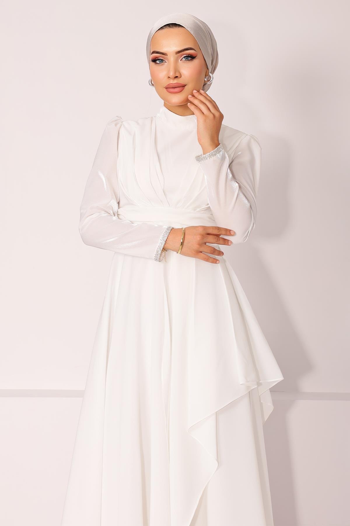 Taffeta Satin Hijab Evening Dress with Stone Embroidered Pleats and Flounce Details on the Armhole WHITE 1215