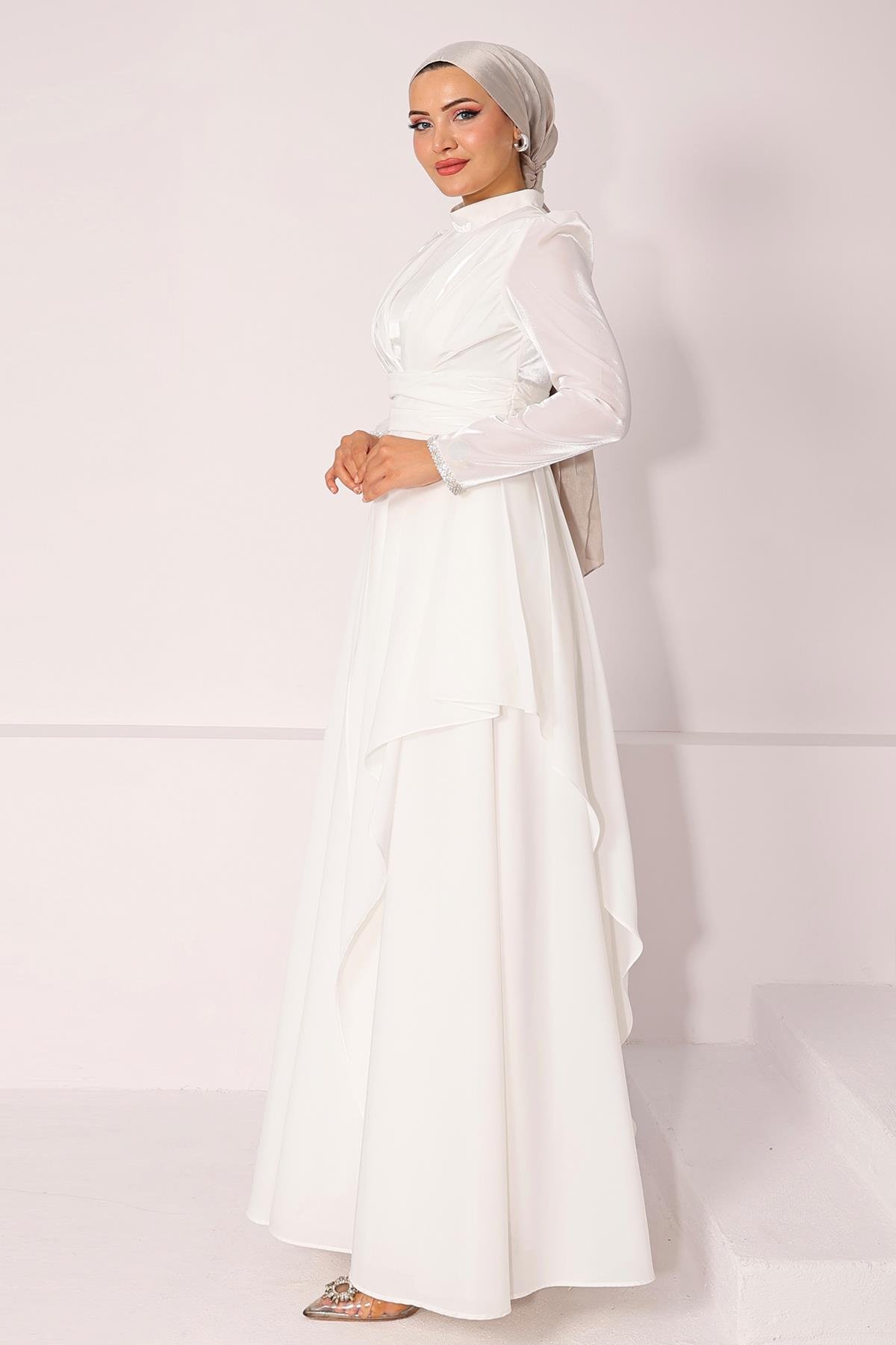Taffeta Satin Hijab Evening Dress with Stone Embroidered Pleats and Flounce Details on the Armhole WHITE 1215