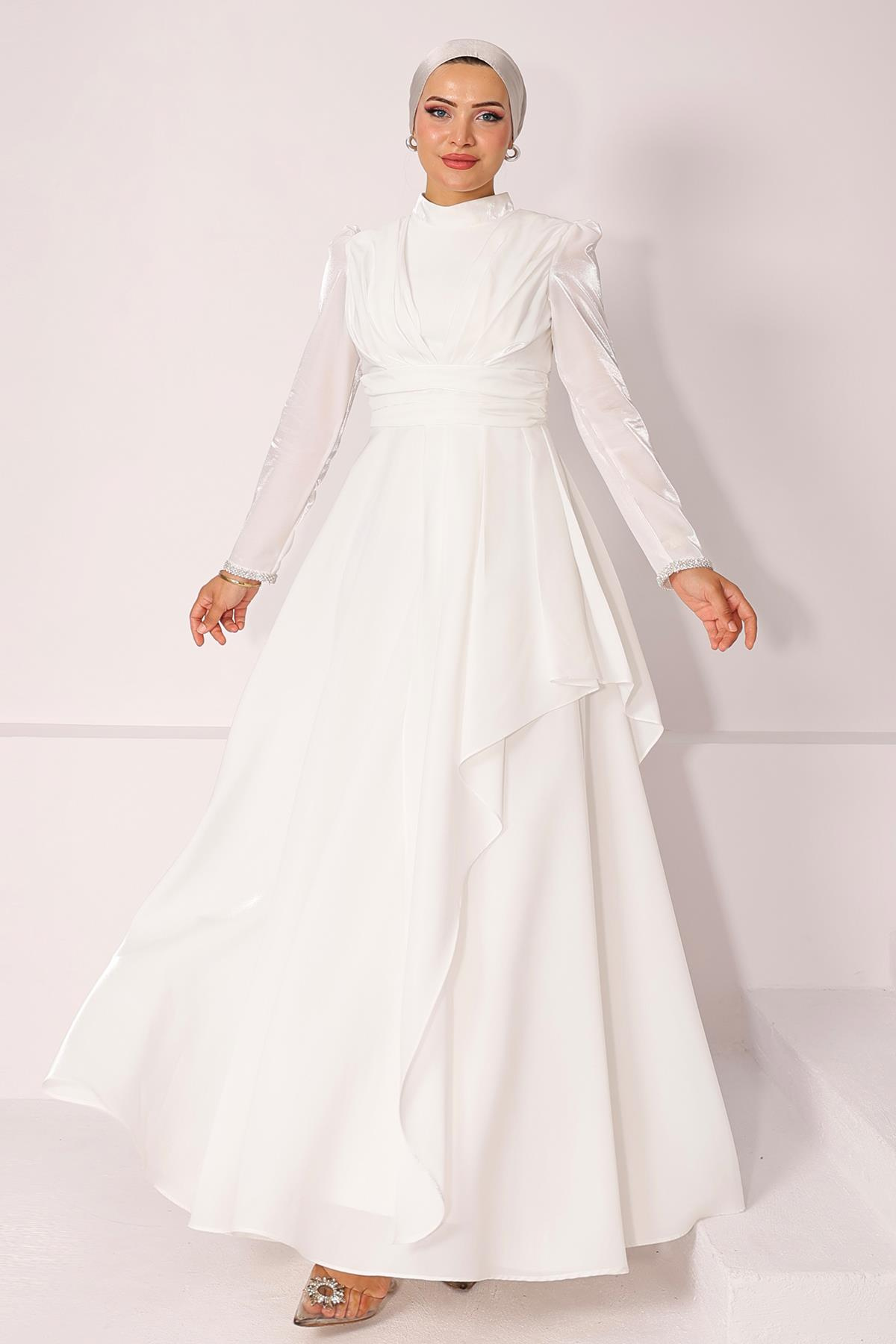 Taffeta Satin Hijab Evening Dress with Stone Embroidered Pleats and Flounce Details on the Armhole WHITE 1215
