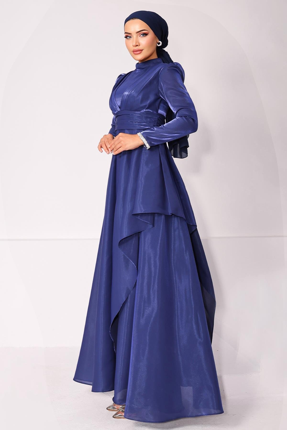 Taffeta Satin Hijab Evening Dress with Stone Embroidered Pleats and Flounce Details on the Armhole K. INDIGO 1215