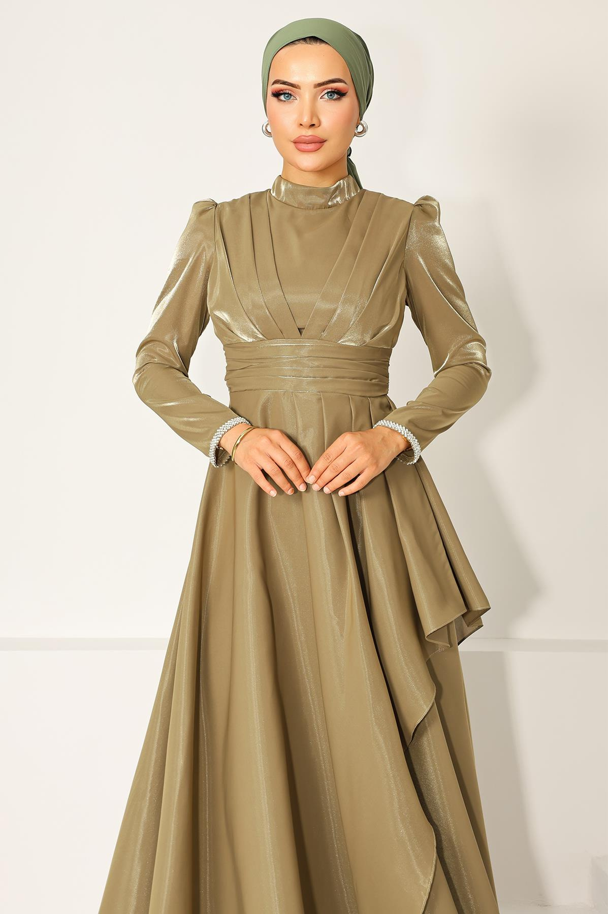 Taffeta Satin Hijab Evening Dress with Stone Embroidered Pleats and Flounce Details on the Armhole OIL GREEN 1215
