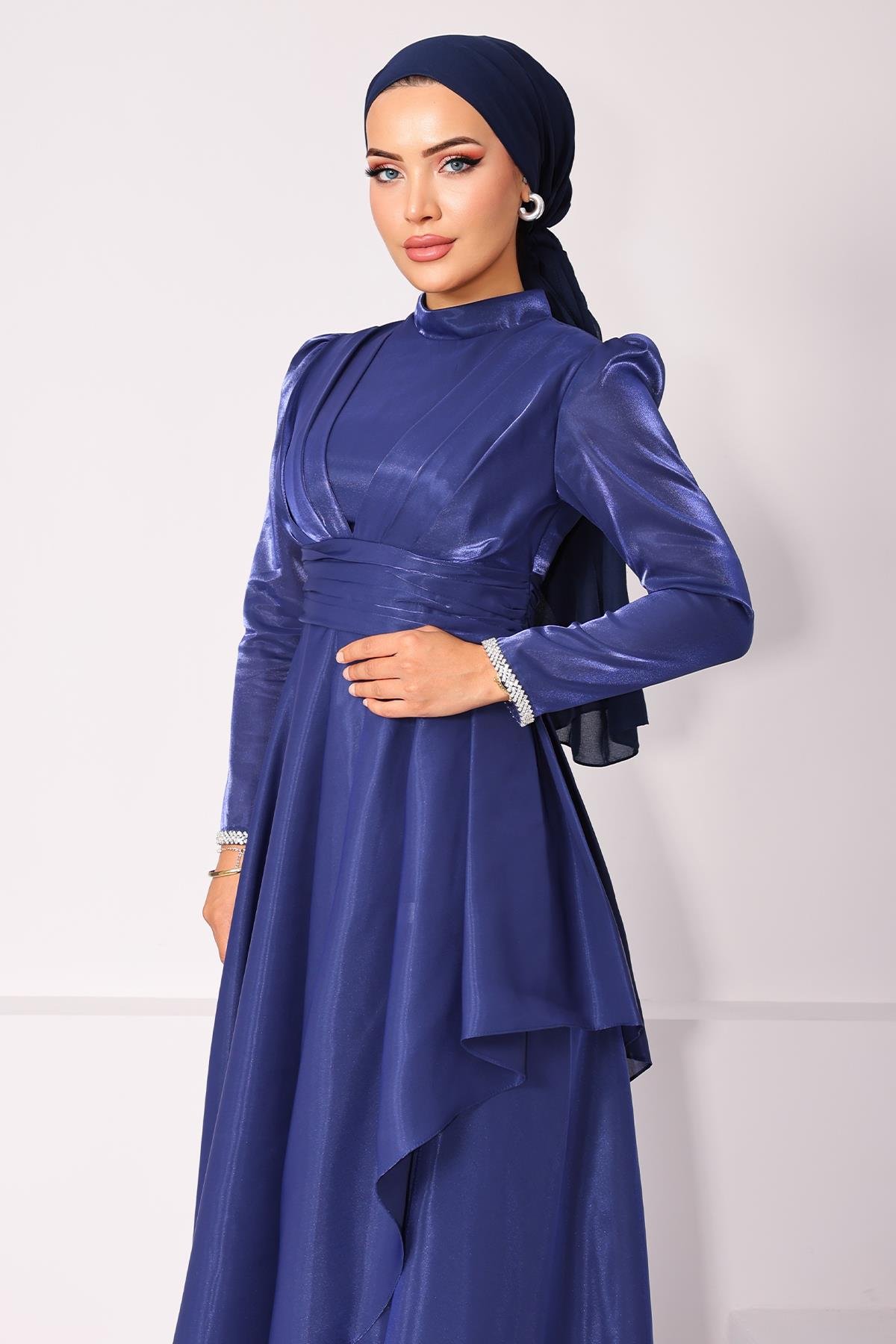 Taffeta Satin Hijab Evening Dress with Stone Embroidered Pleats and Flounce Details on the Armhole K. INDIGO 1215