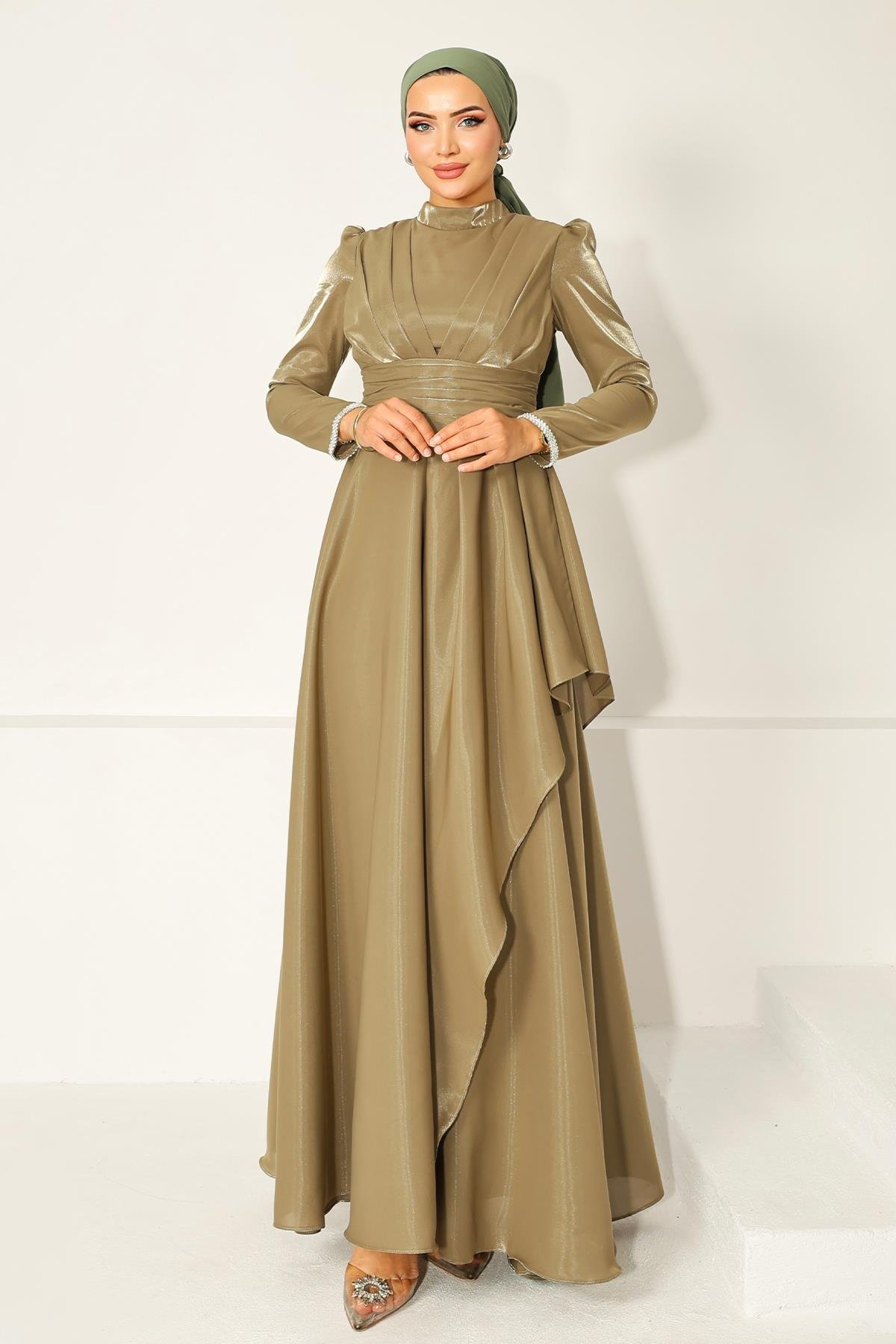 Taffeta Satin Hijab Evening Dress with Stone Embroidered Pleats and Flounce Details on the Armhole OIL GREEN 1215