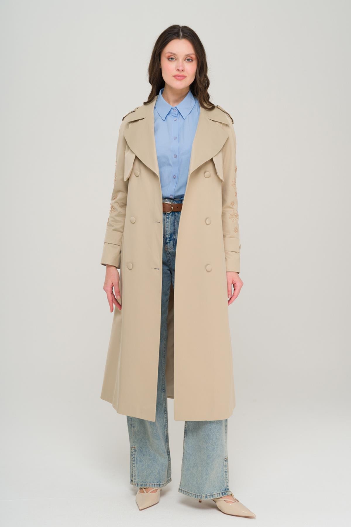 Water-Repellent Premium Trench Coat with Beaded and Embroidered Sleeves IVORY 6688