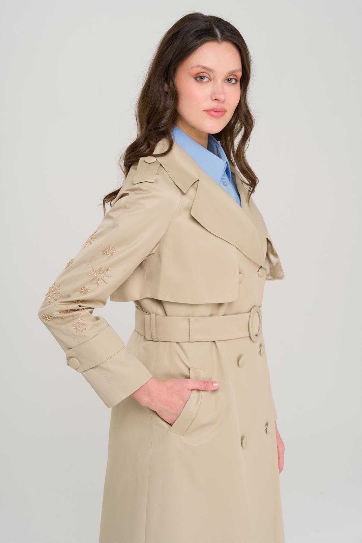 Water-Repellent Premium Trench Coat with Beaded and Embroidered Sleeves IVORY 6688