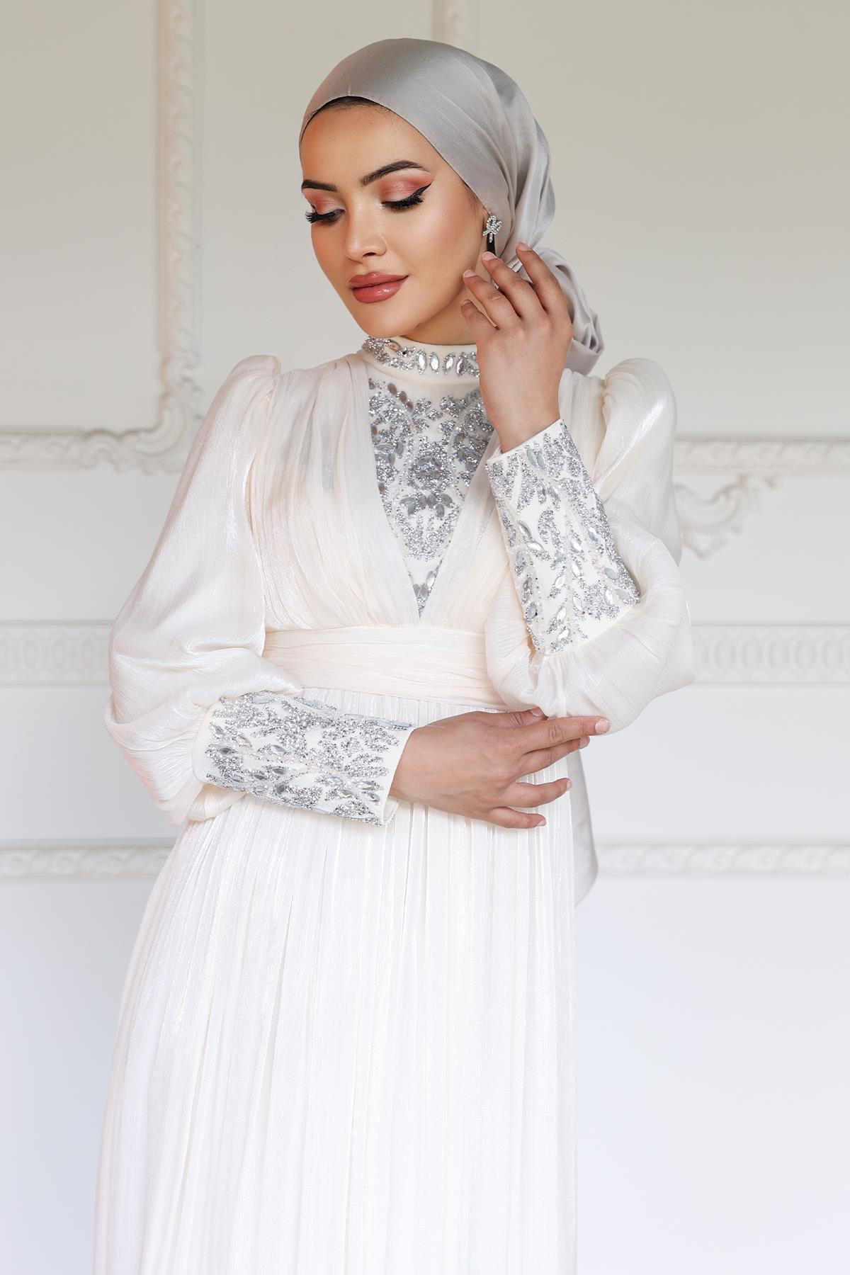 Yorgo Silk Hijab Evening Dress with Stone Embellished Sleeves and Front IVORY 1239