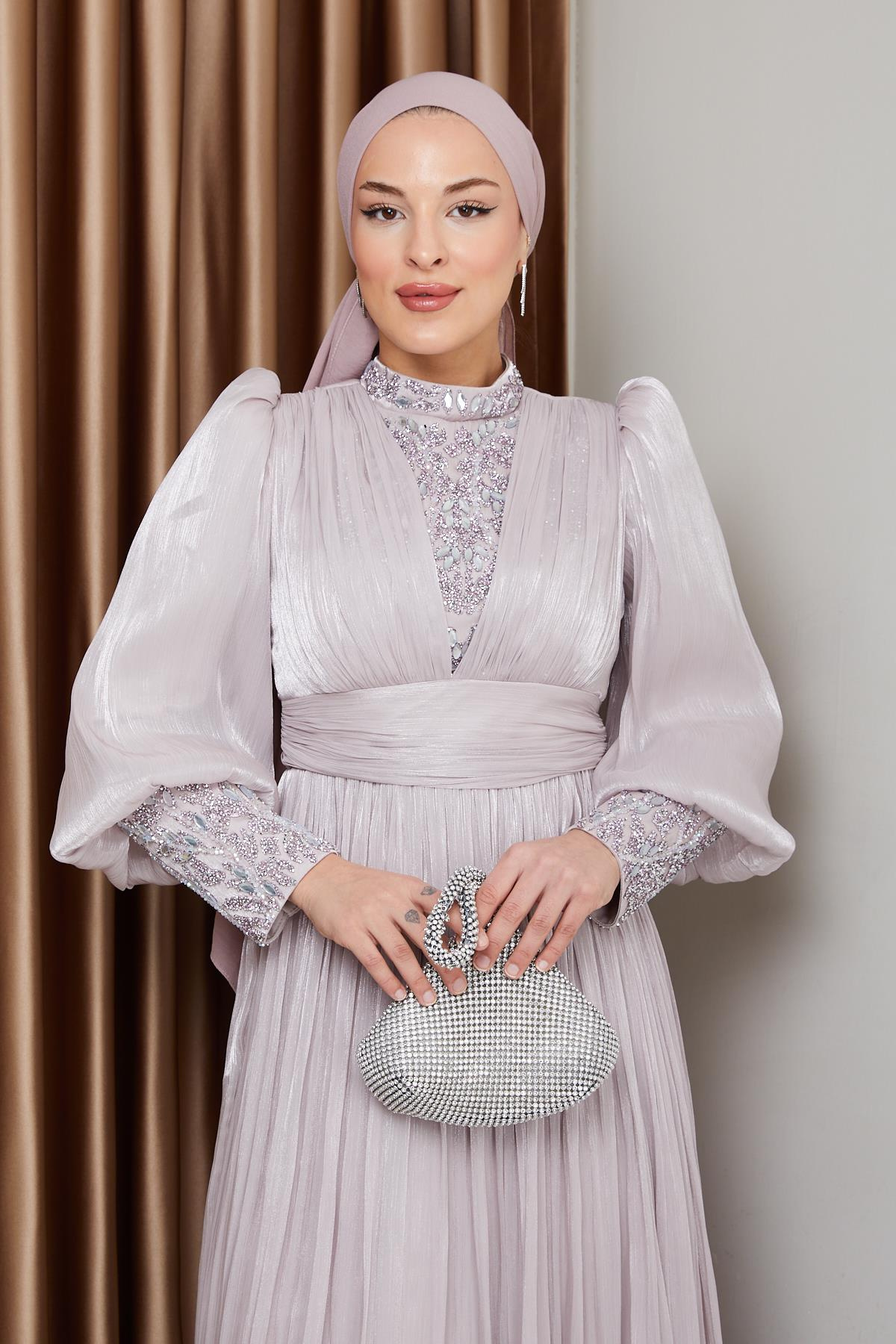 Yorgo Silk Hijab Evening Dress with Stone Embellished Sleeves and Front STONE 1239