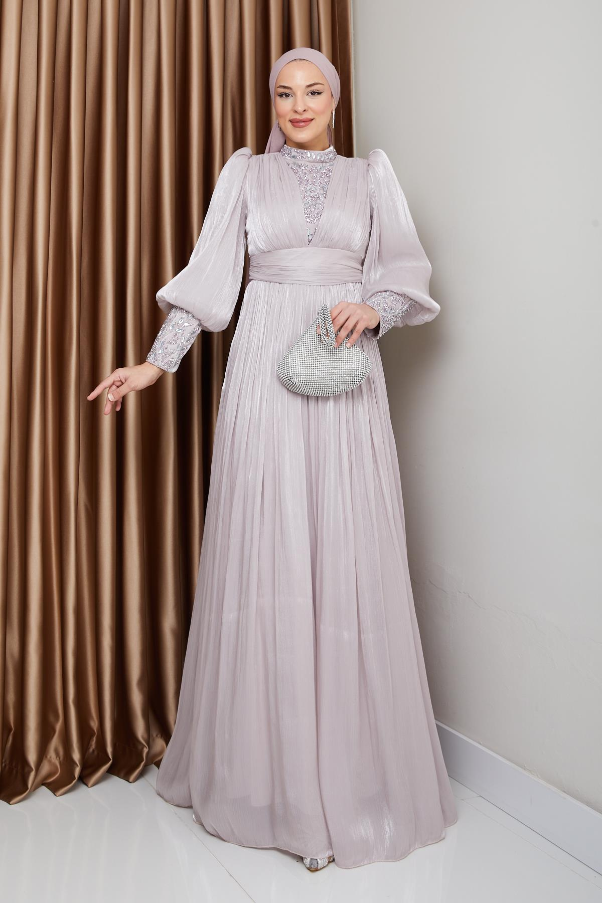 Yorgo Silk Hijab Evening Dress with Stone Embellished Sleeves and Front STONE 1239