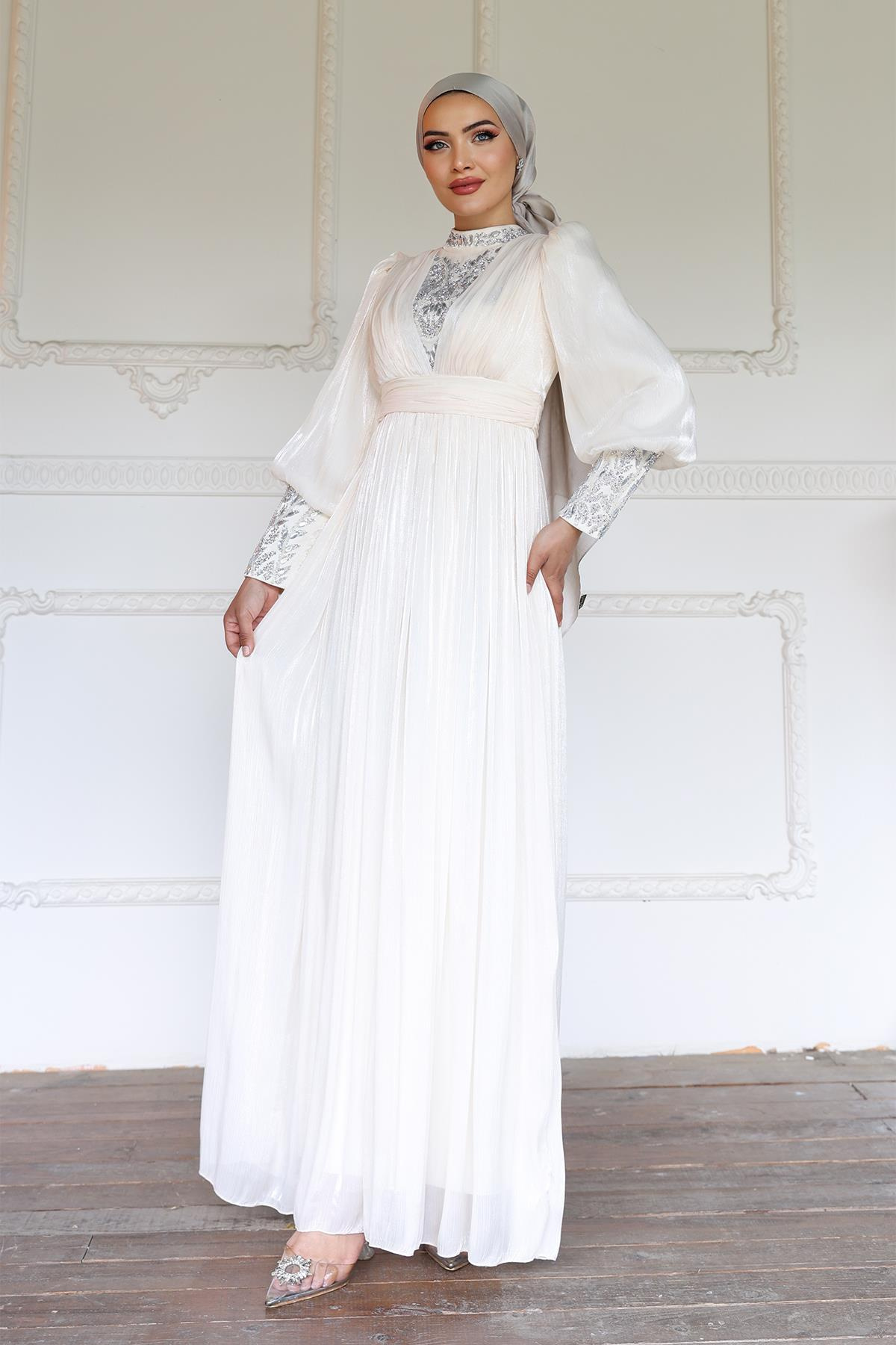 Yorgo Silk Hijab Evening Dress with Stone Embellished Sleeves and Front IVORY 1239