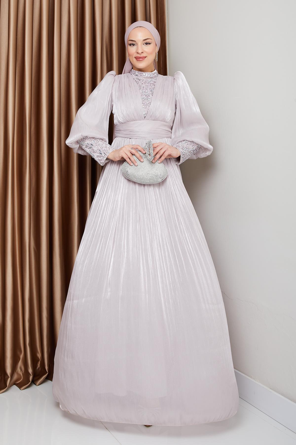 Yorgo Silk Hijab Evening Dress with Stone Embellished Sleeves and Front STONE 1239