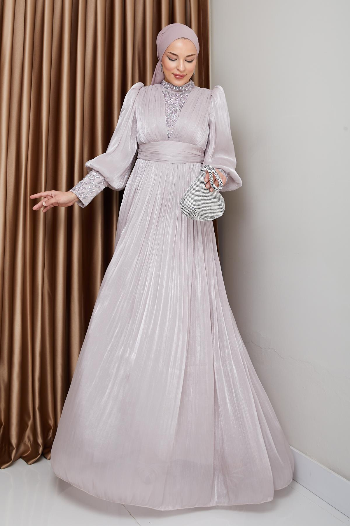 Yorgo Silk Hijab Evening Dress with Stone Embellished Sleeves and Front STONE 1239