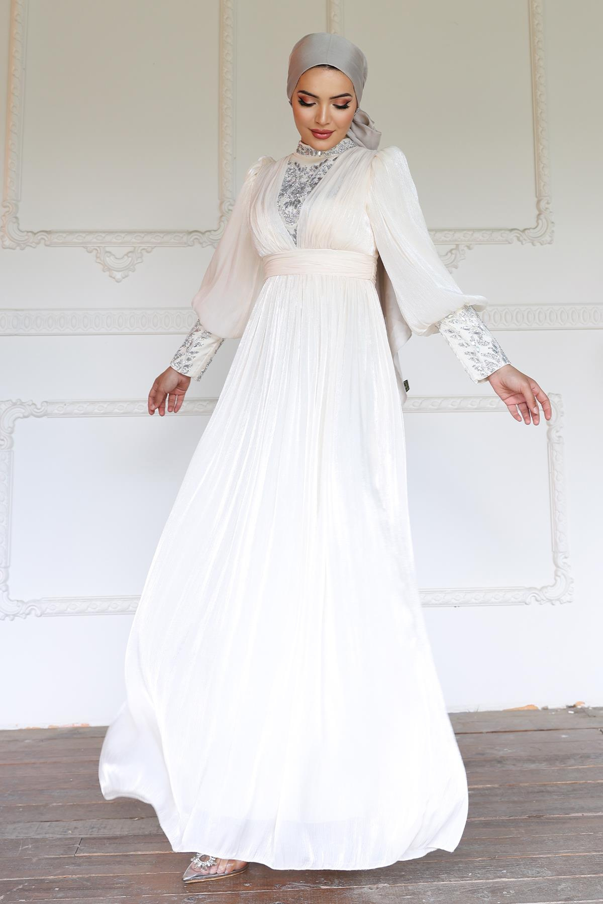 Yorgo Silk Hijab Evening Dress with Stone Embellished Sleeves and Front IVORY 1239