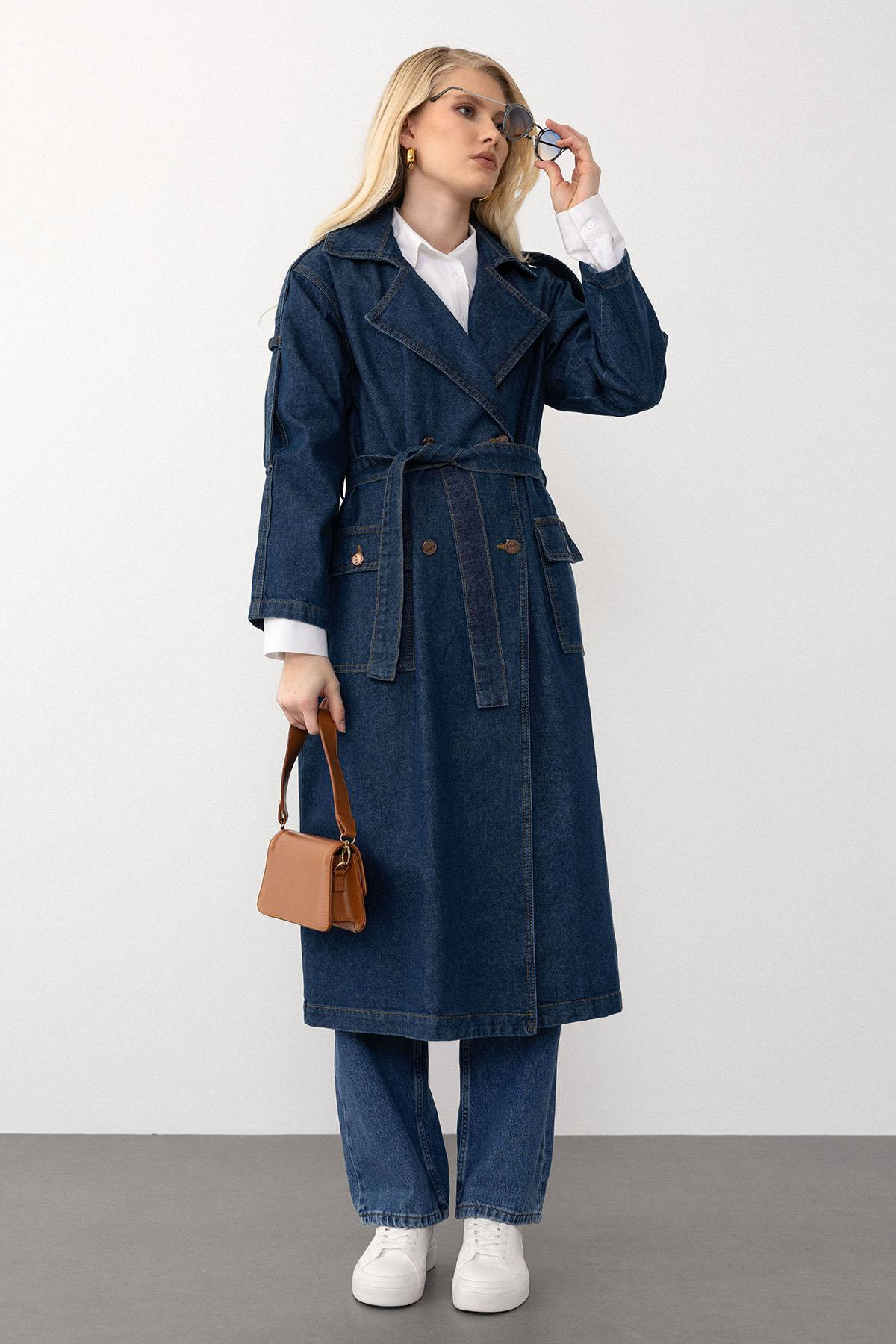 Oversized Denim Trench Coat with Double-Breasted Epaulette Detail DARK BLUE 6592