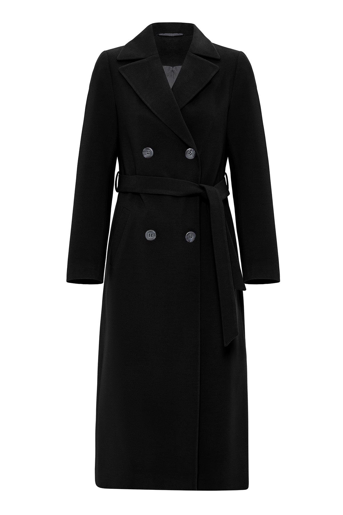 Double-Breasted Mid-Length Coat with Waist Tie BLACK 3754