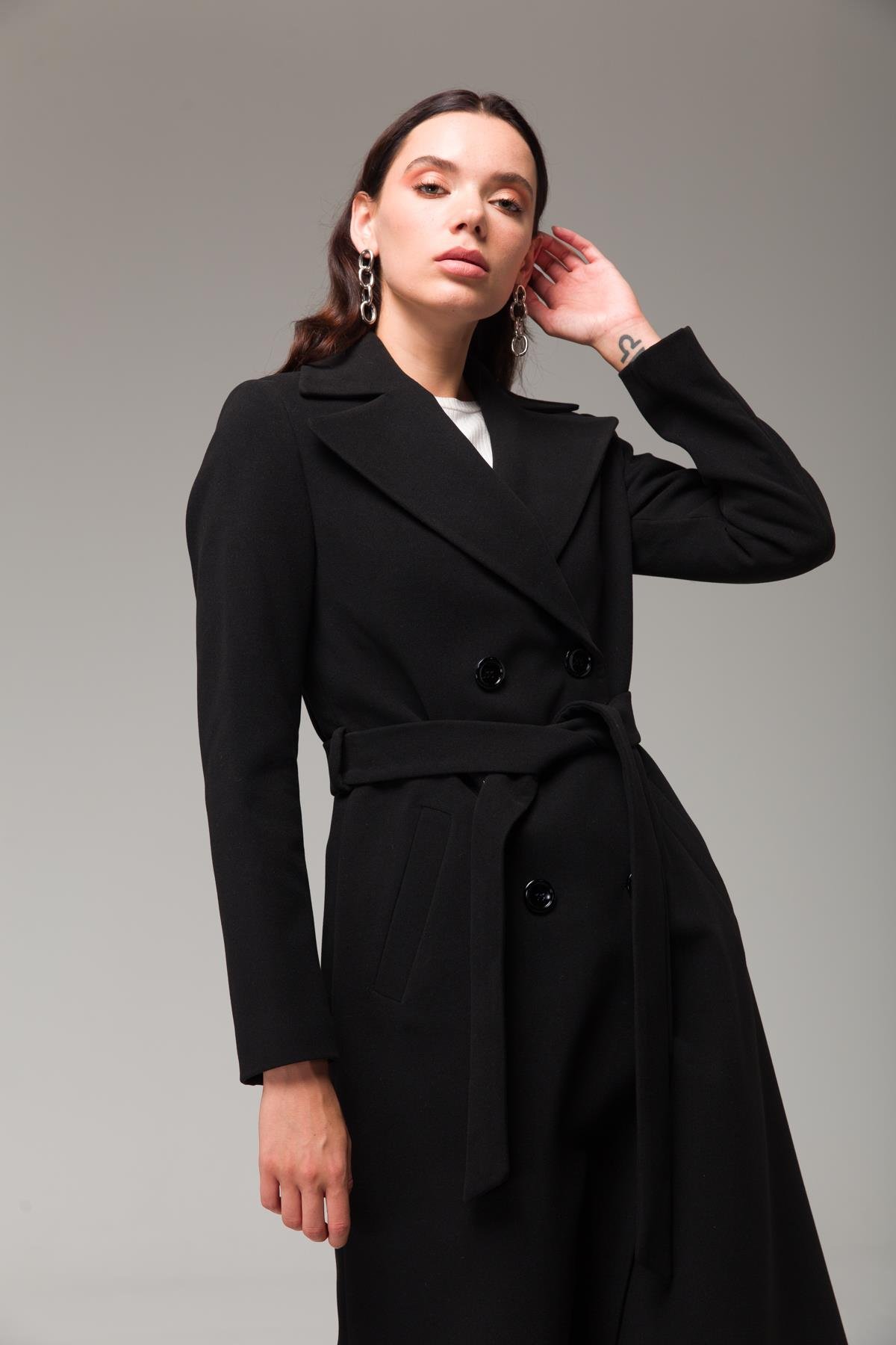 Double-Breasted Mid-Length Coat with Waist Tie BLACK 3754