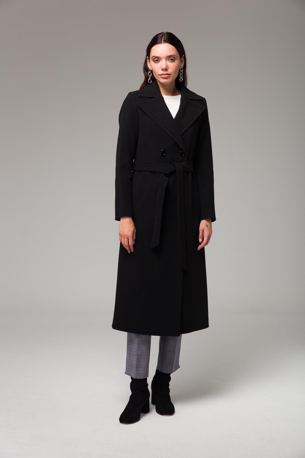 Double-Breasted Mid-Length Coat with Waist Tie BLACK 3754