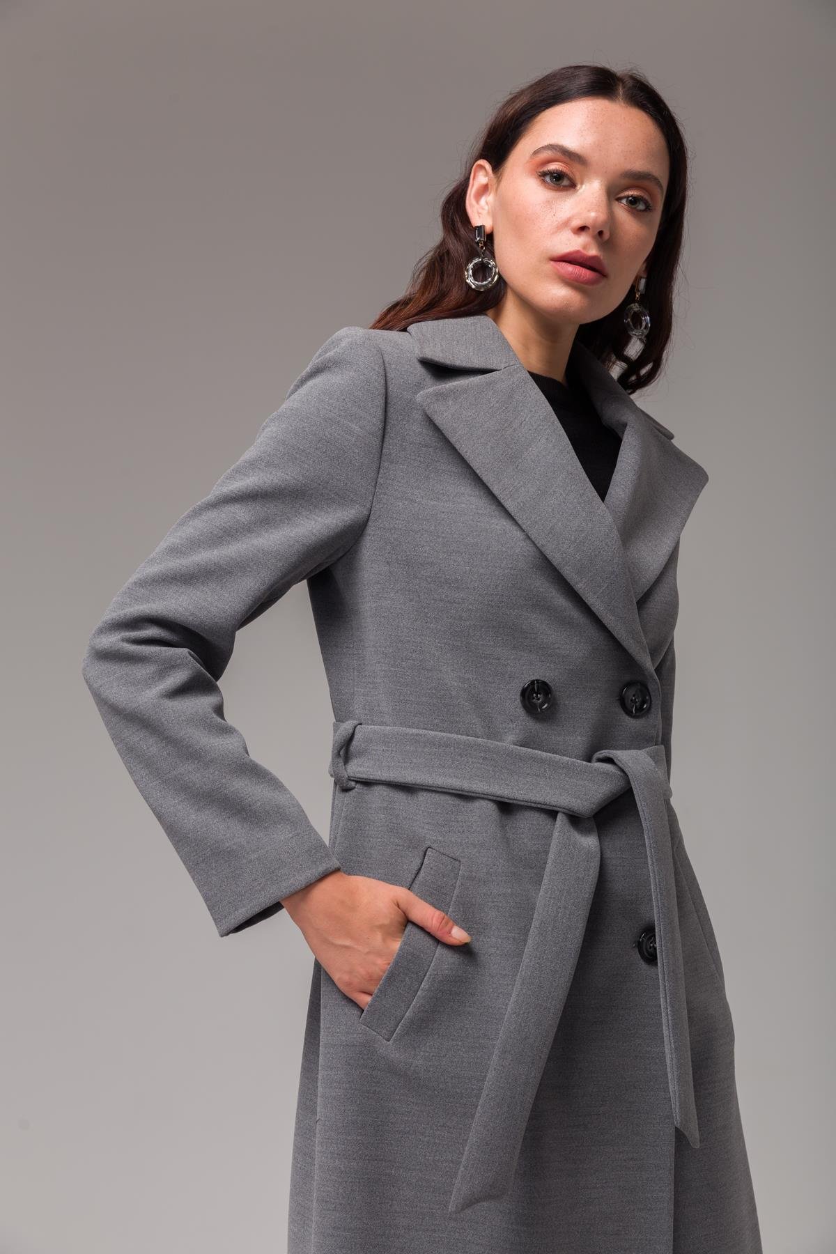 Double-Breasted Mid-Length Coat with Waist Tie GREY 3754