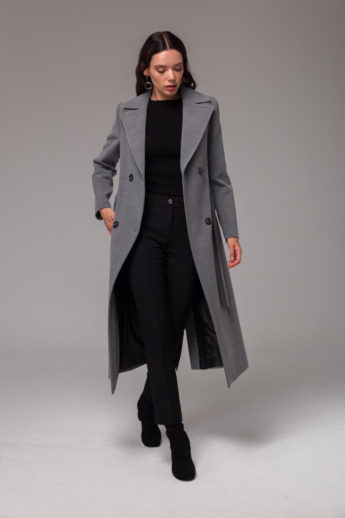 Double-Breasted Mid-Length Coat with Waist Tie GREY 3754