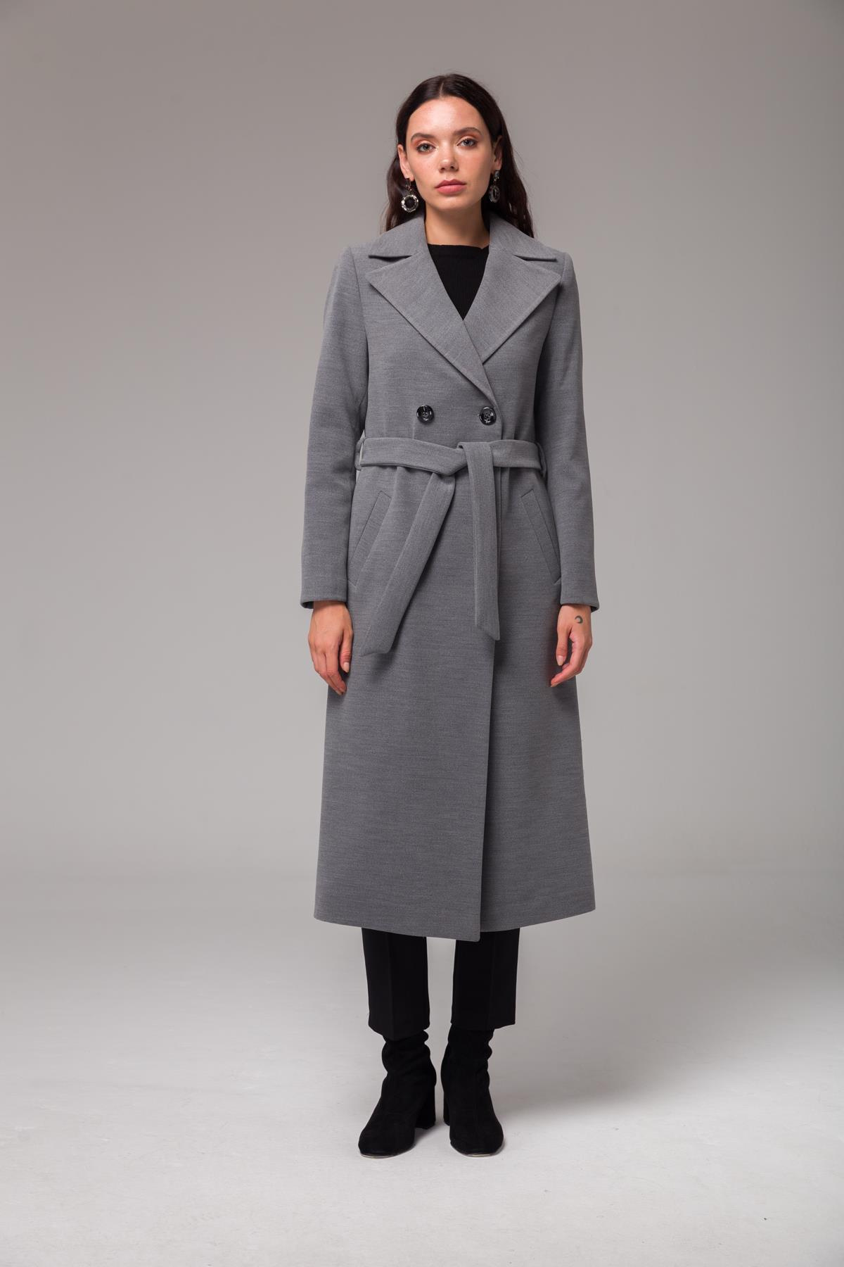 Double-Breasted Mid-Length Coat with Waist Tie GREY 3754
