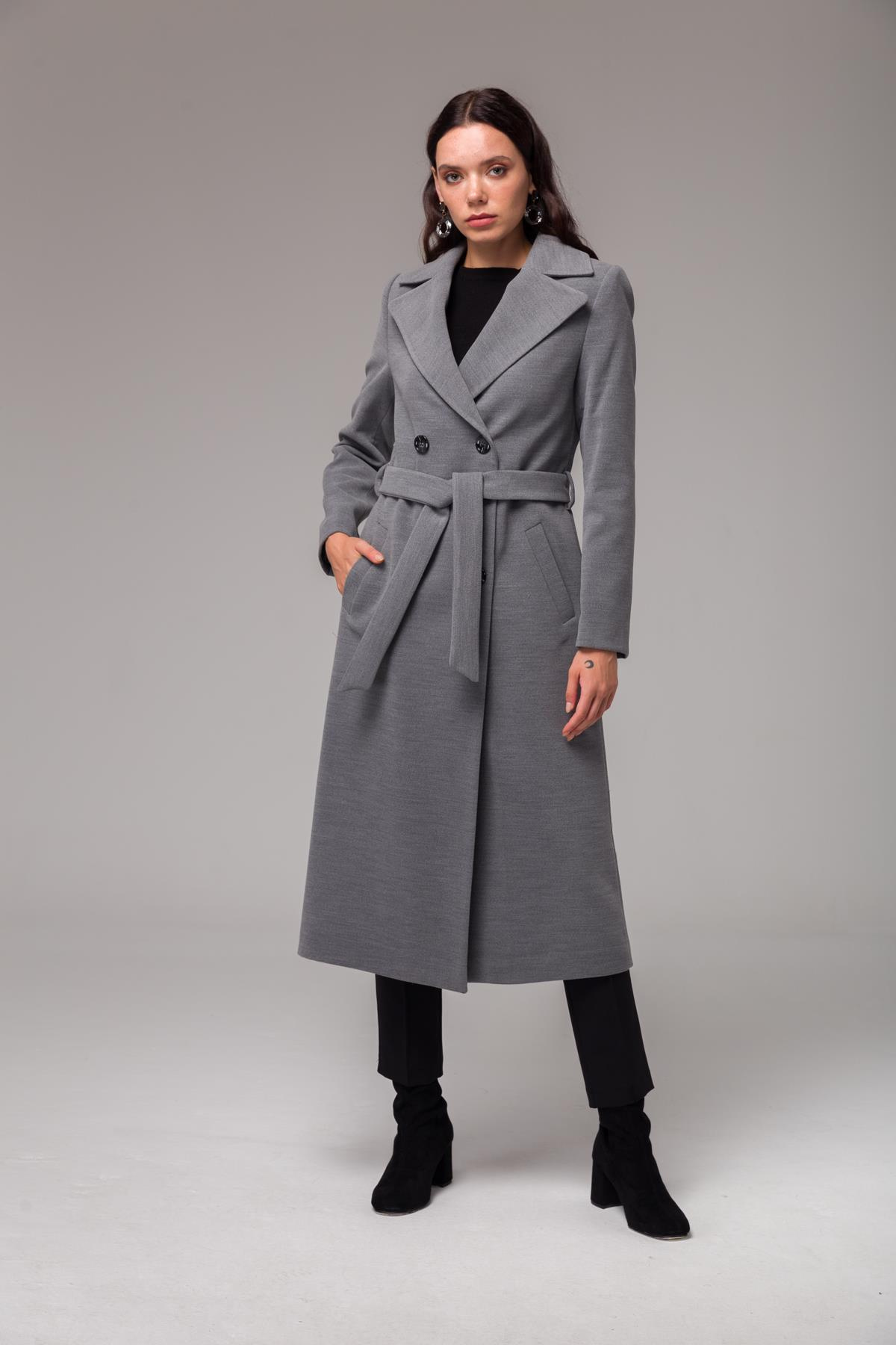 Double-Breasted Mid-Length Coat with Waist Tie GREY 3754