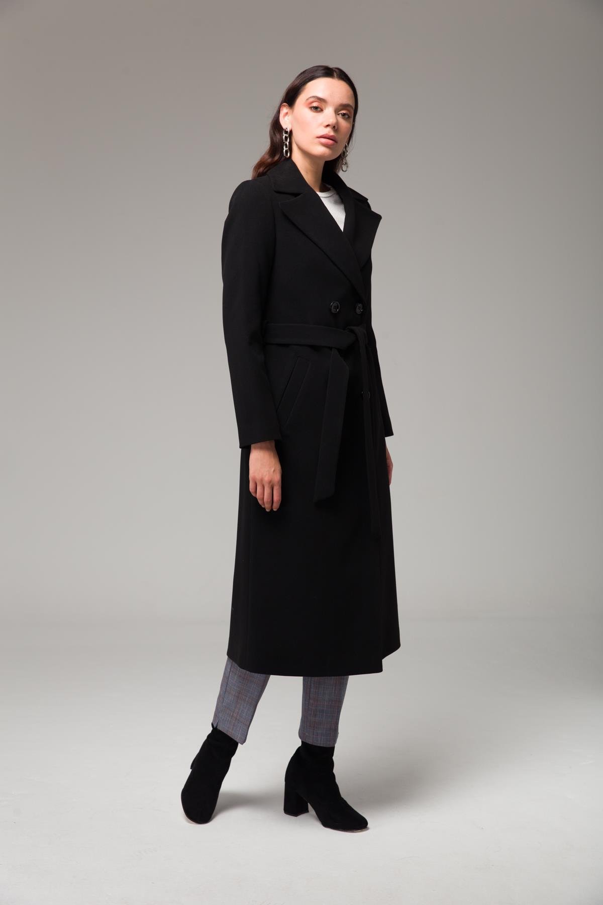 Double-Breasted Mid-Length Coat with Waist Tie BLACK 3754
