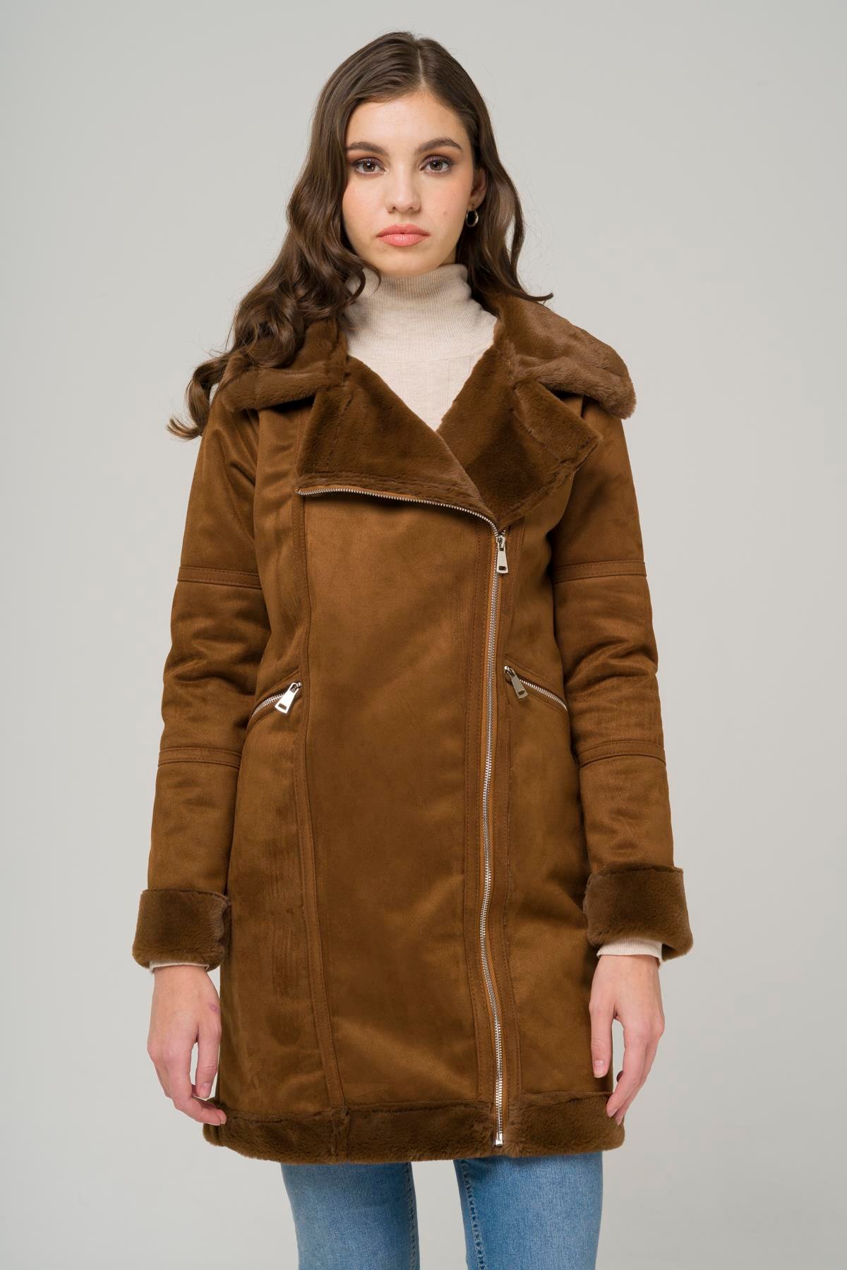 Kruvaze Fermuarlı İçi Kürklü Süet Mont TABA 6514