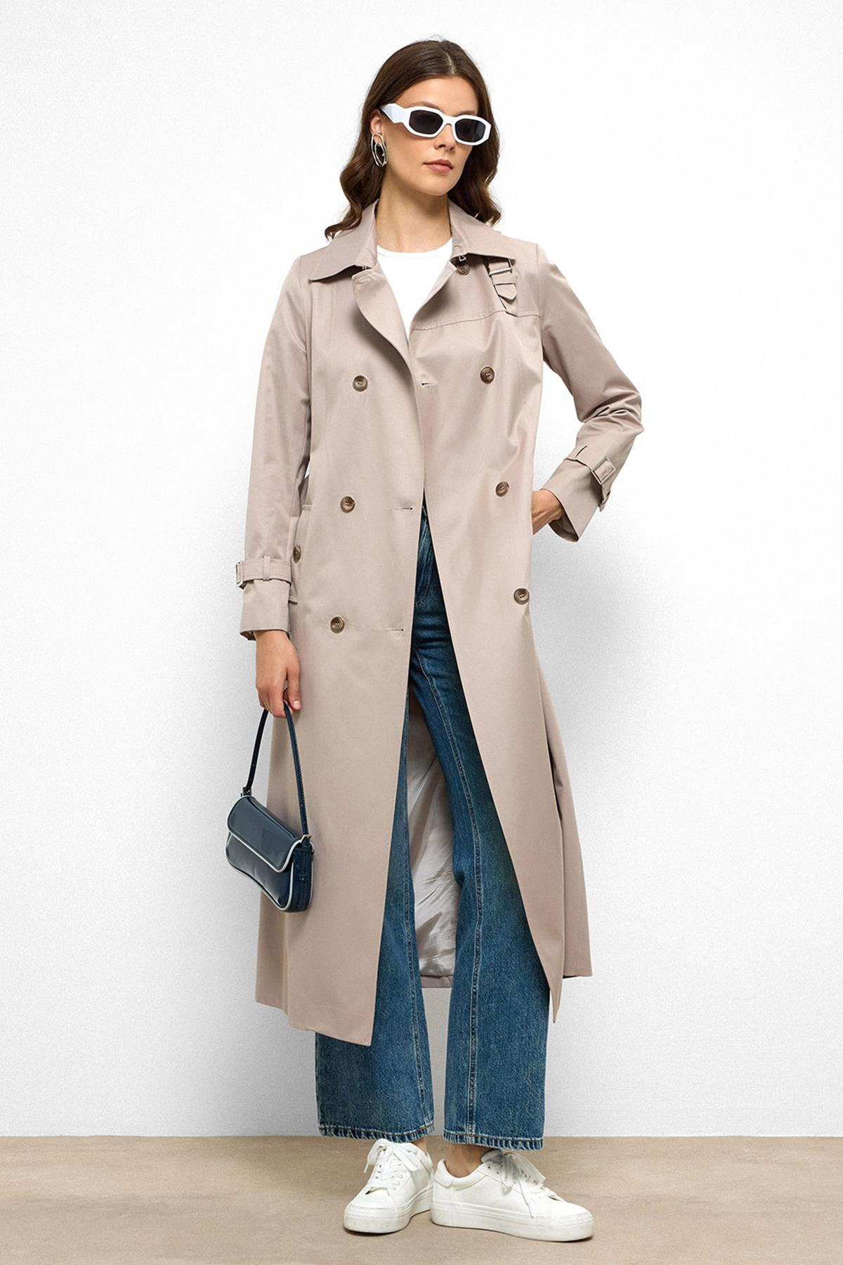 Double-Breasted Shirt Collar Shoulder Belt Accessory Water Repellent Trench Coat STONE 6763