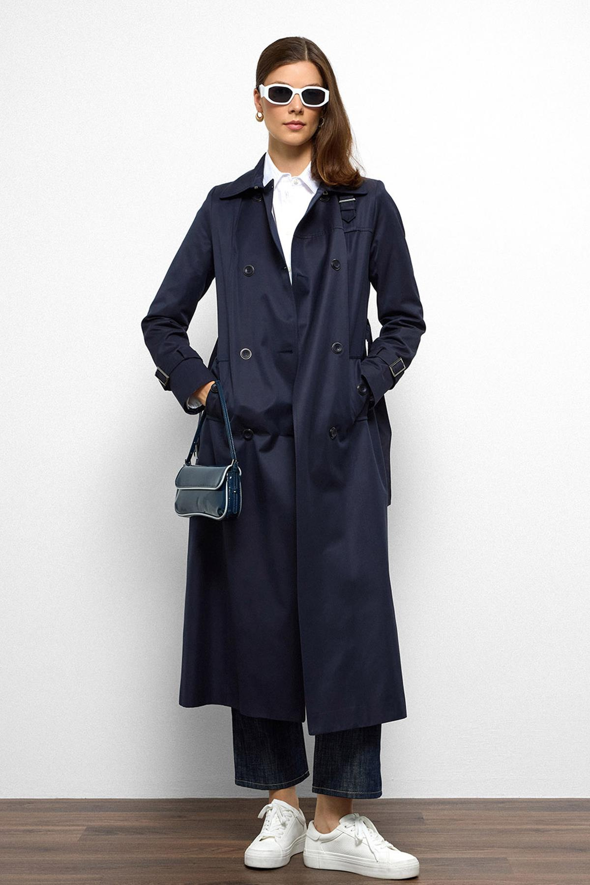 Double-Breasted Shirt Collar Shoulder Belt Accessory Water Repellent Trench Coat NAVY 6763