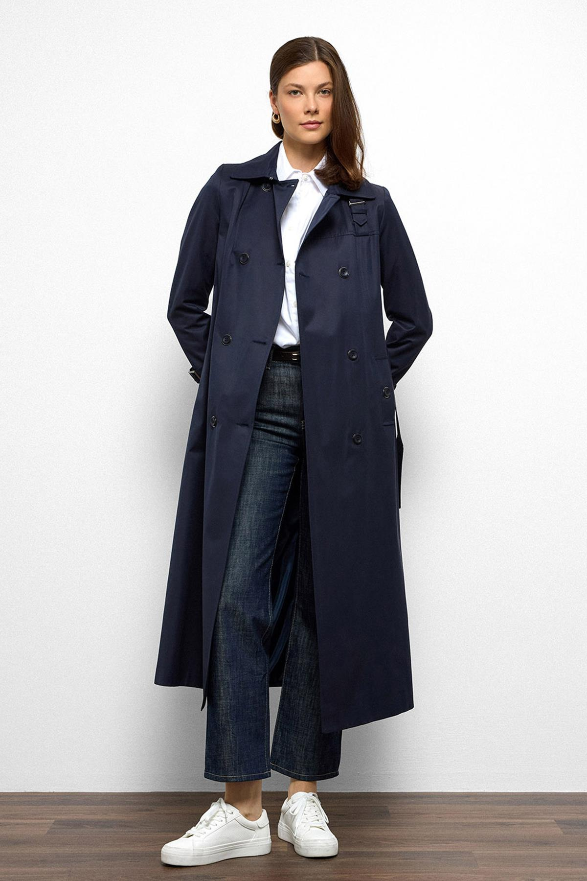 Double-Breasted Shirt Collar Shoulder Belt Accessory Water Repellent Trench Coat NAVY 6763