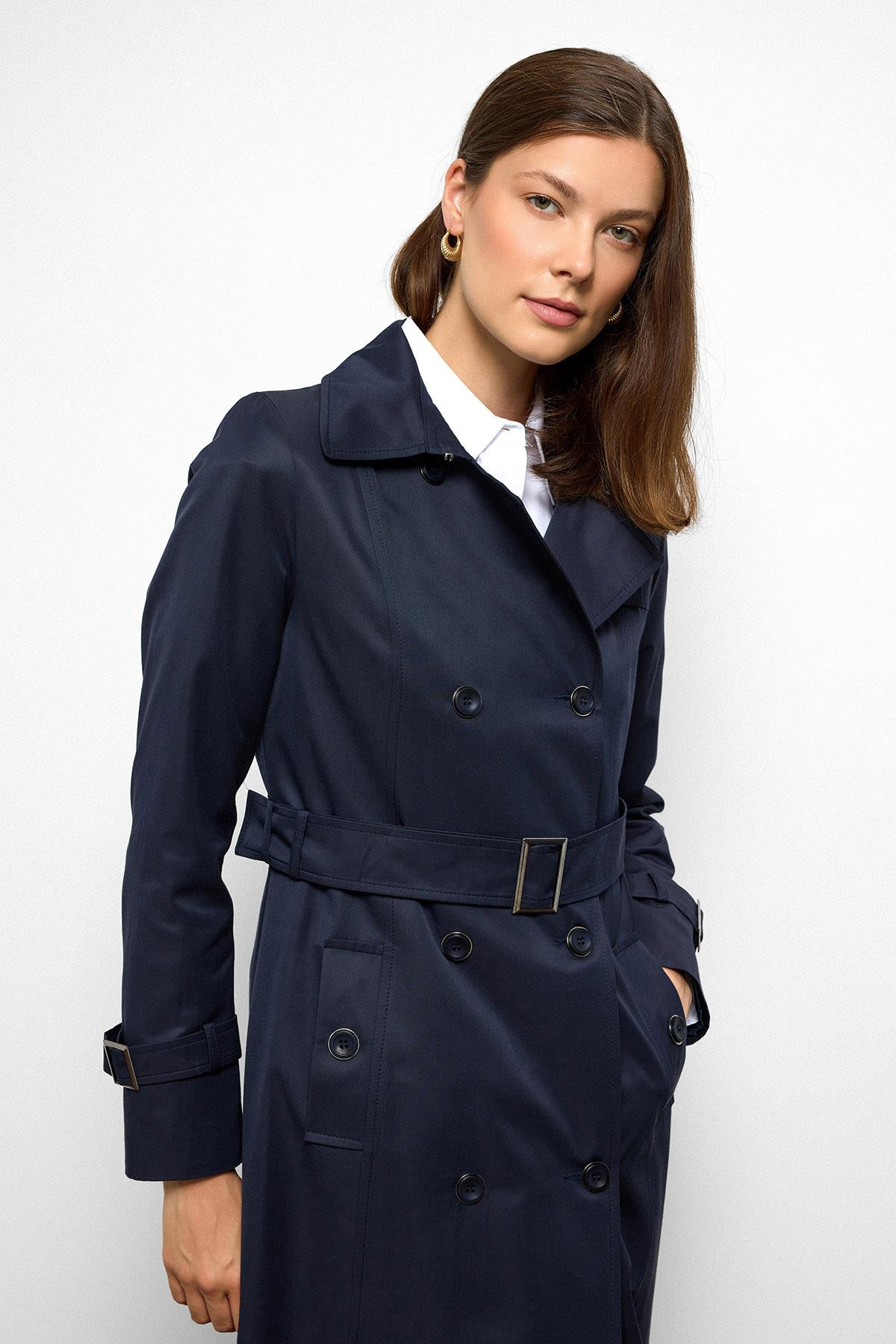 Double-Breasted Shirt Collar Shoulder Belt Accessory Water Repellent Trench Coat NAVY 6763