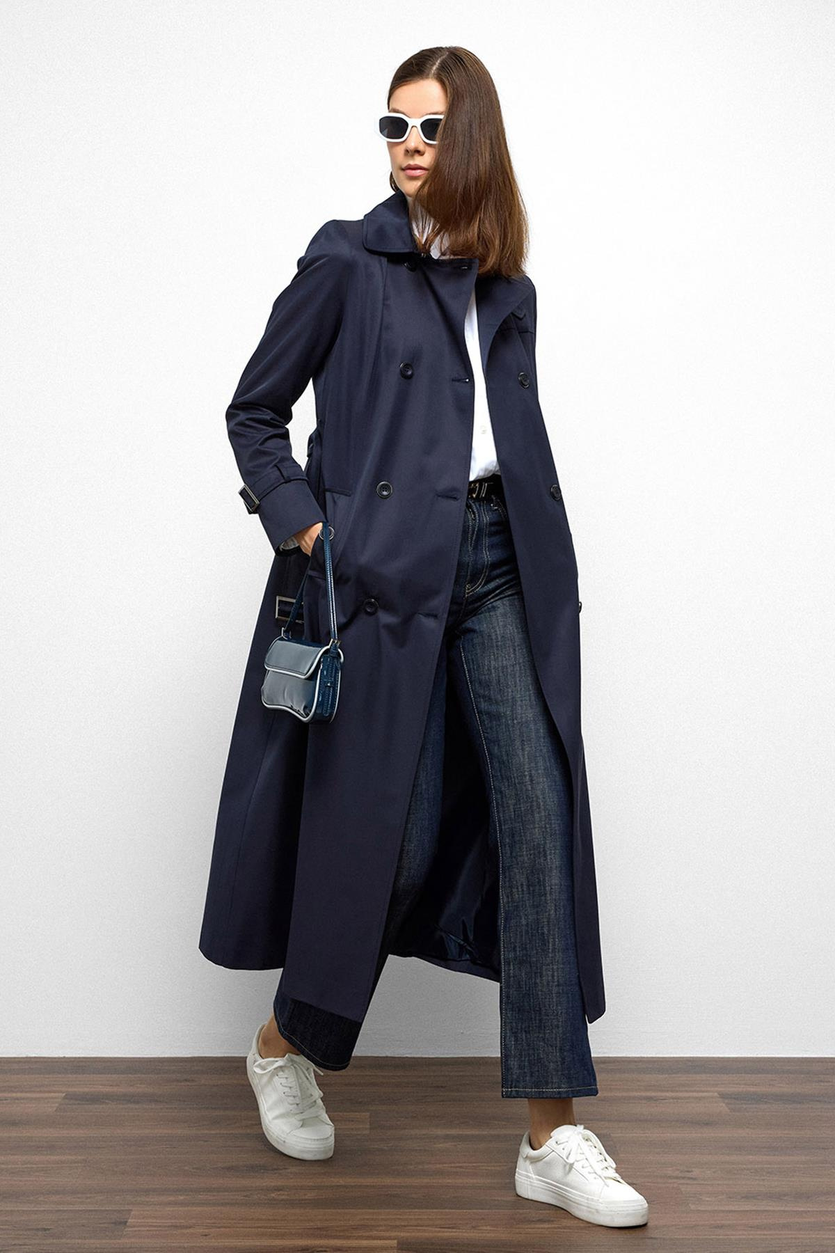 Double-Breasted Shirt Collar Shoulder Belt Accessory Water Repellent Trench Coat NAVY 6763