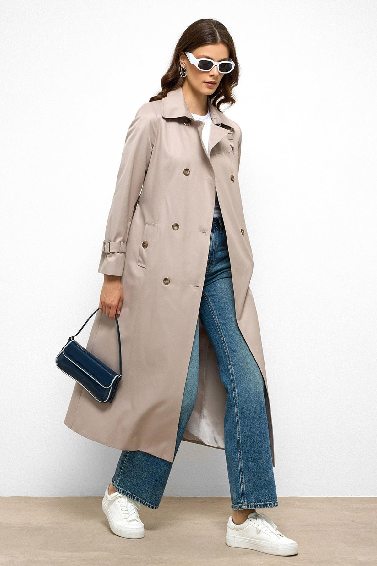 Double-Breasted Shirt Collar Shoulder Belt Accessory Water Repellent Trench Coat STONE 6763