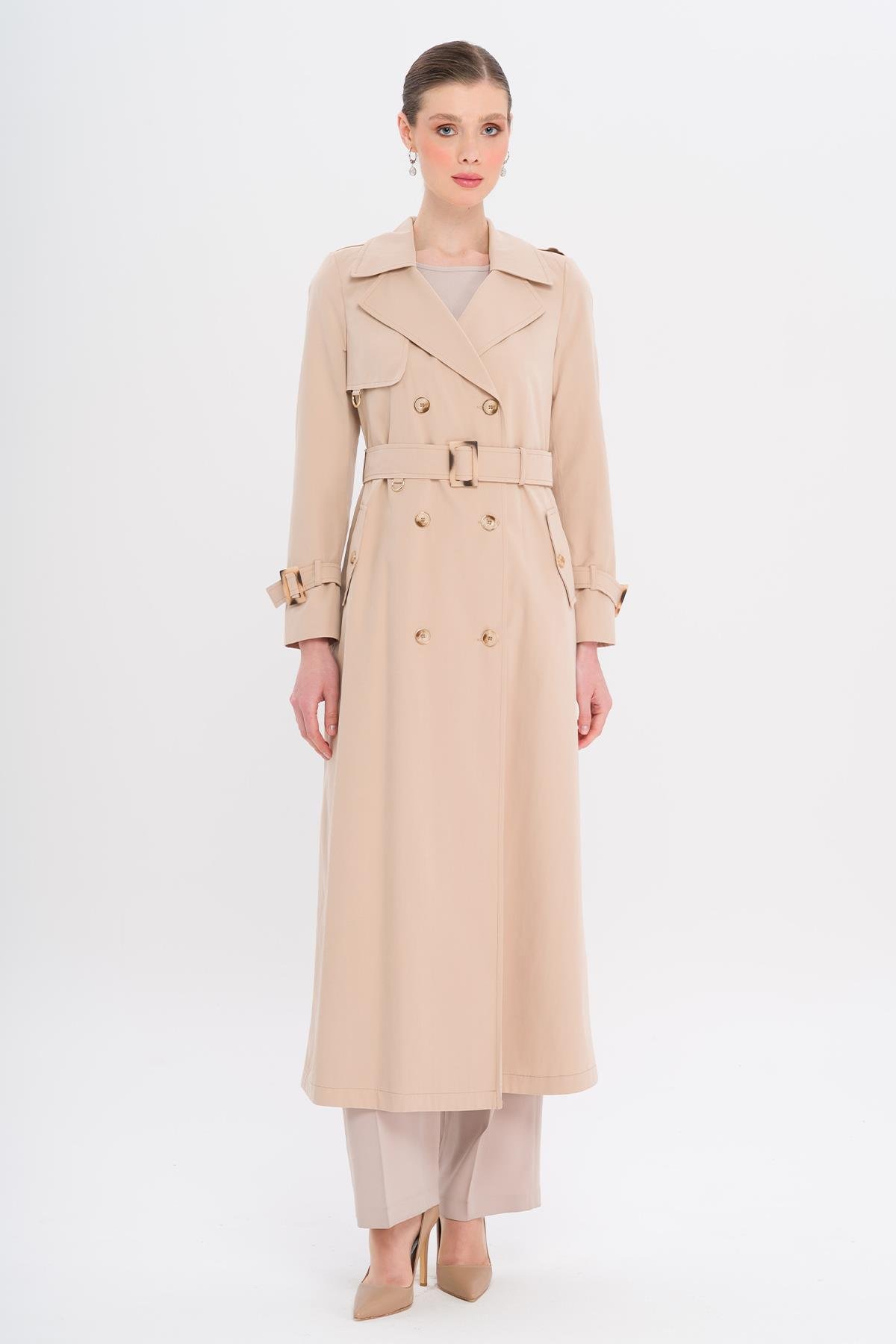 Double-Breasted Leopard Pattern Lined Water-Repellent Long Trench Coat IVORY 6747