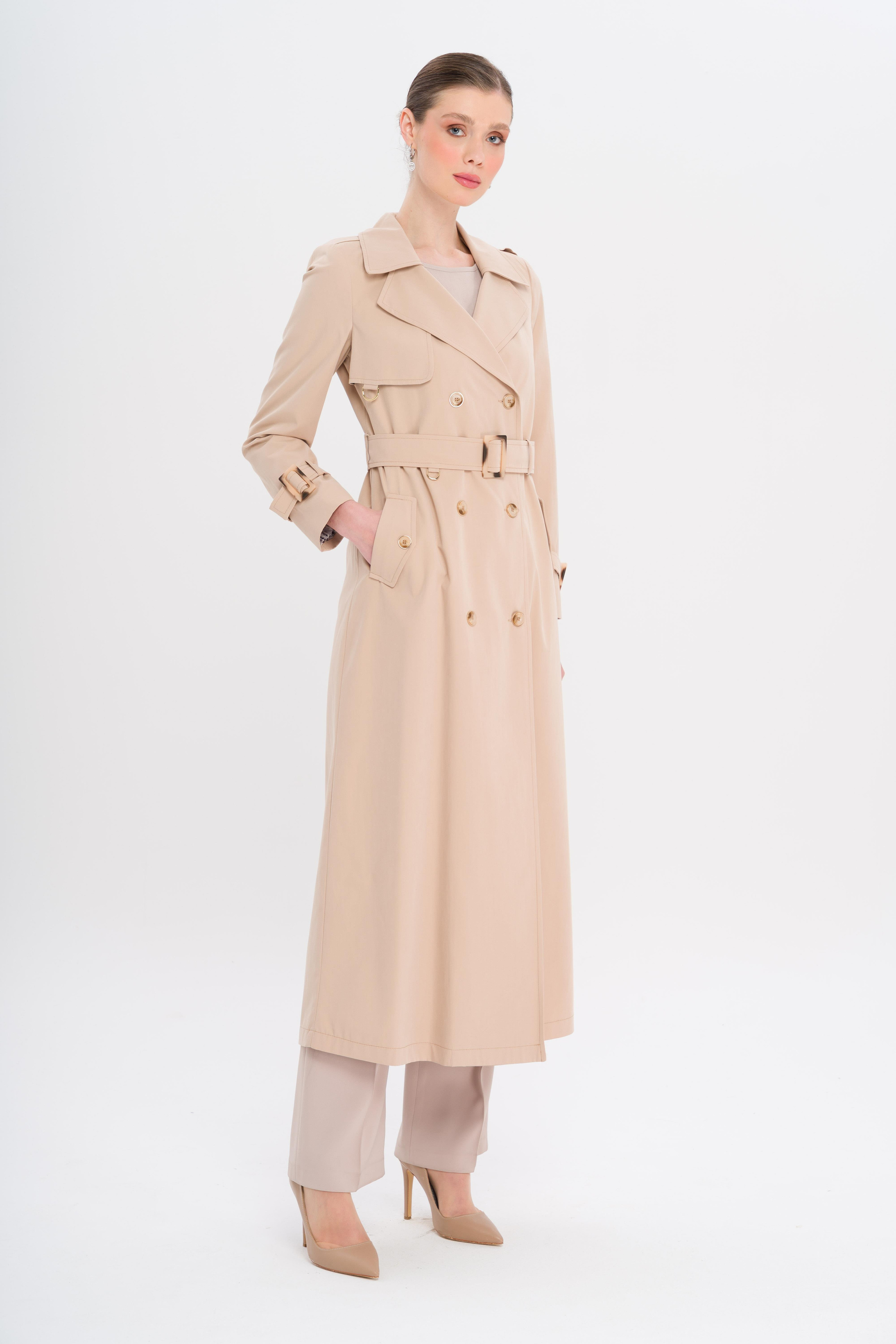 Double-Breasted Leopard Pattern Lined Water-Repellent Long Trench Coat IVORY 6747