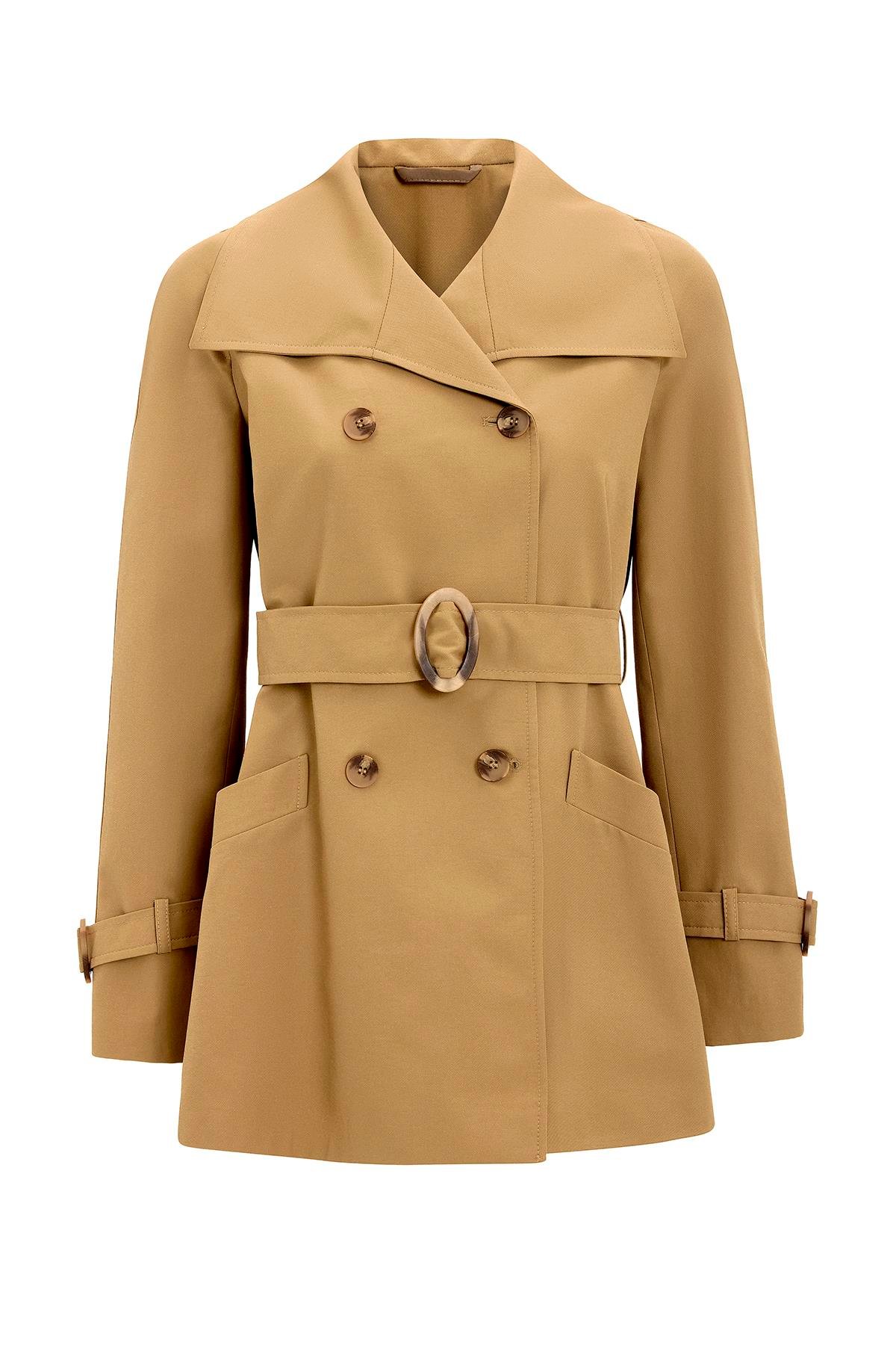 Kruvaze Reglan Kol Su İtici Özellikli Kısa Trençkot KAMEL 6762