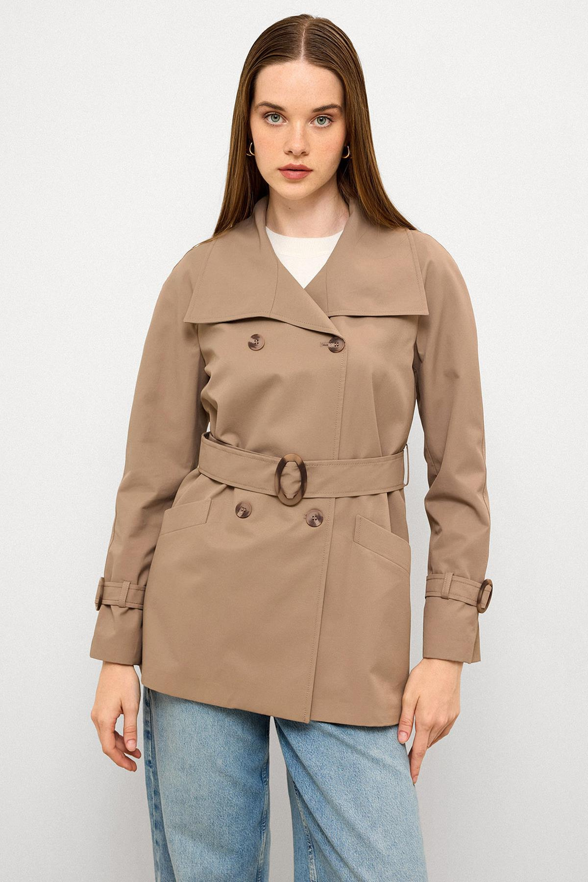 Kruvaze Reglan Kol Su İtici Özellikli Kısa Trençkot S.KAHVE 6762