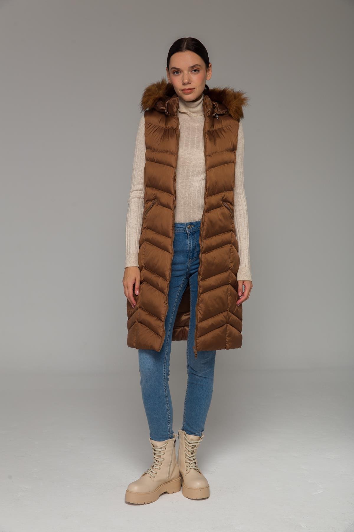 Kürklü Çıkabillir Kapüşonlu Şişme Yelek TABA 8192