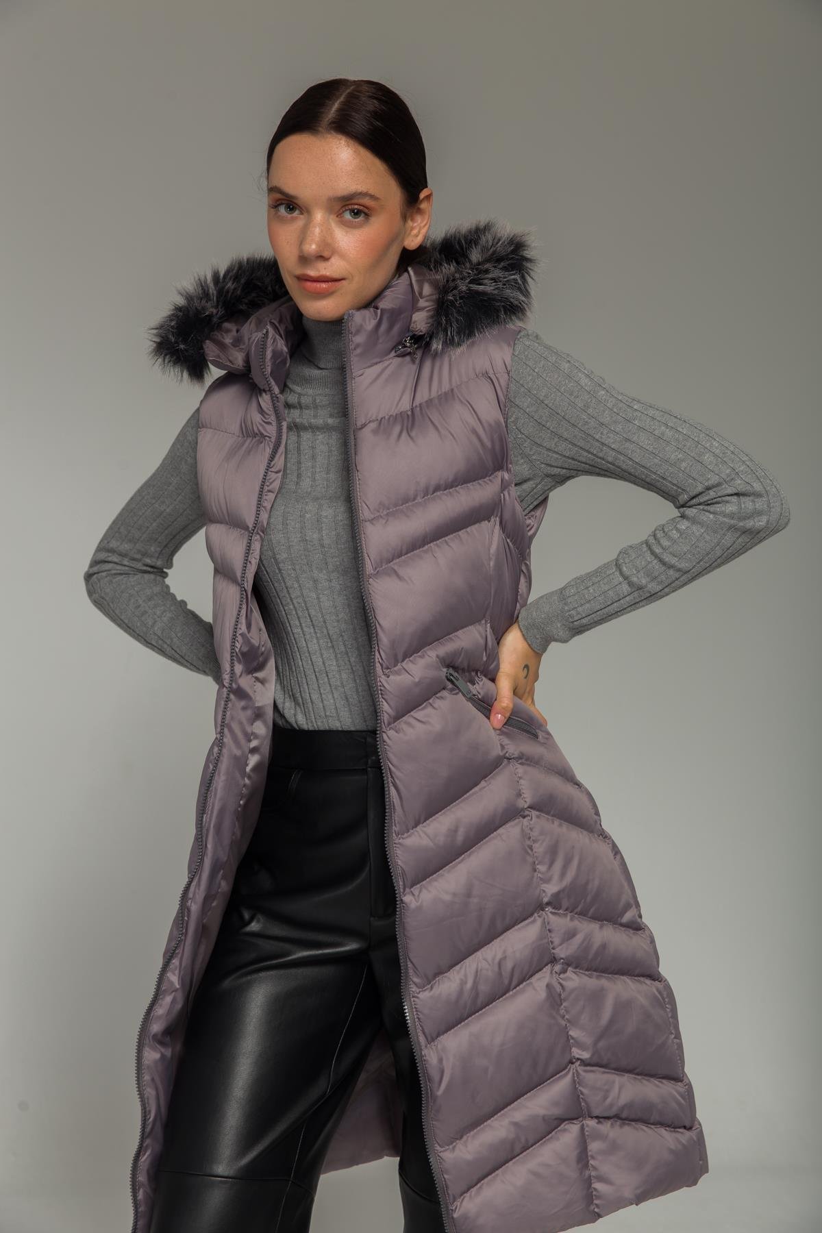 Kürklü Çıkabillir Kapüşonlu Şişme Yelek GRİ 8192