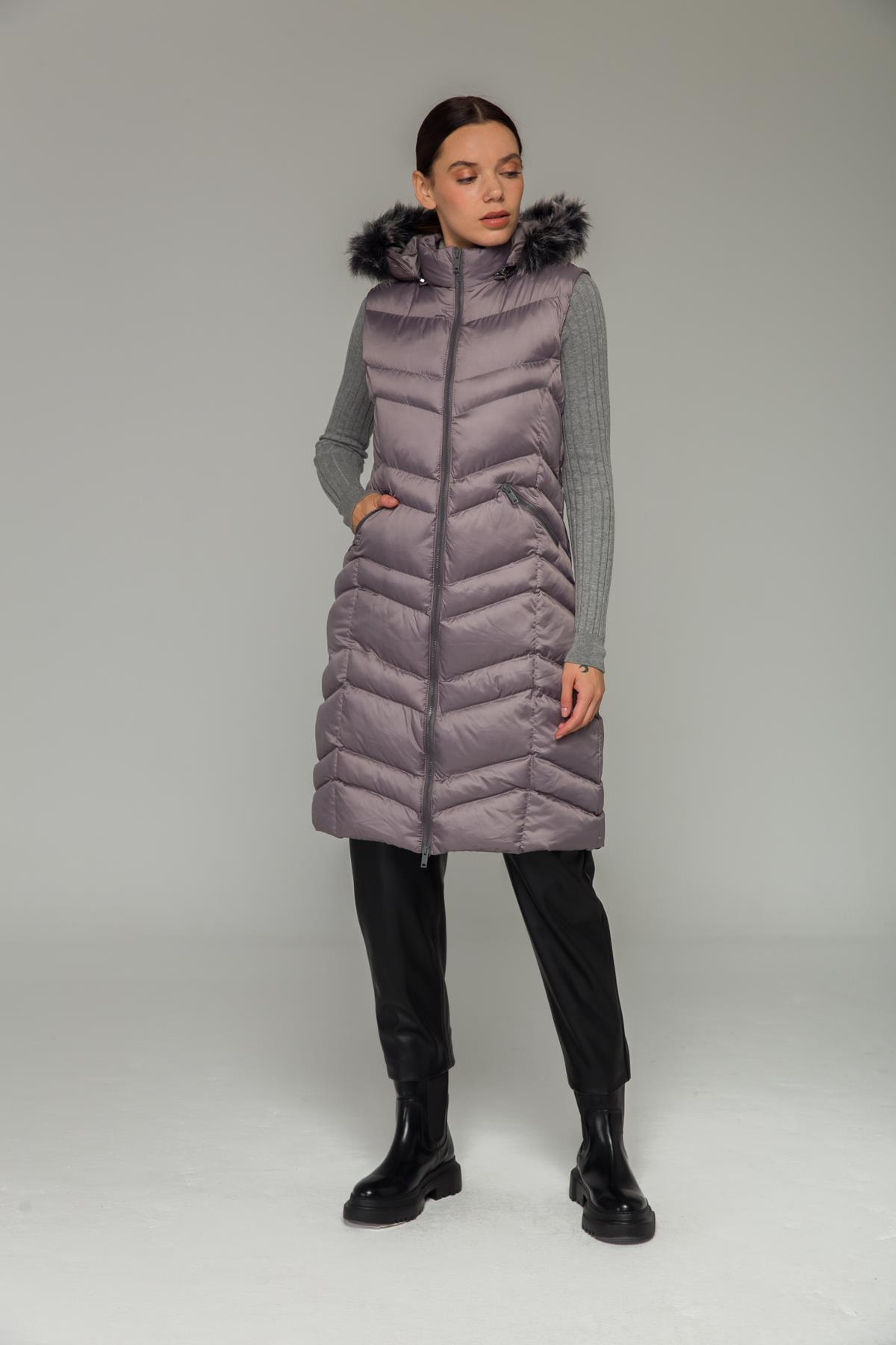 Kürklü Çıkabillir Kapüşonlu Şişme Yelek GRİ 8192