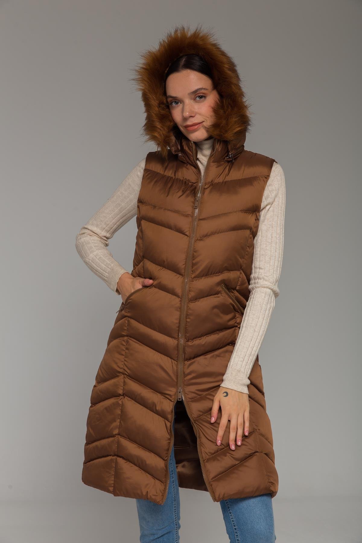 Kürklü Çıkabillir Kapüşonlu Şişme Yelek TABA 8192