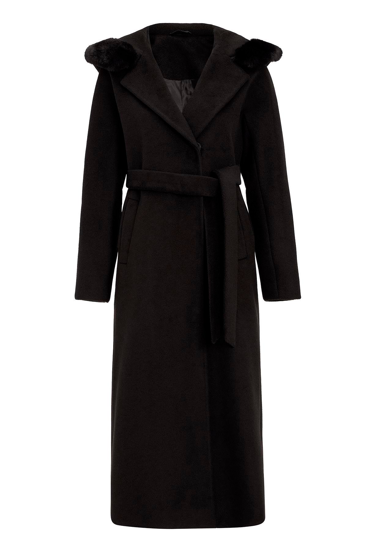 معطف فروي طويل بقلنسوة ورباط على الخصر أسود 3107