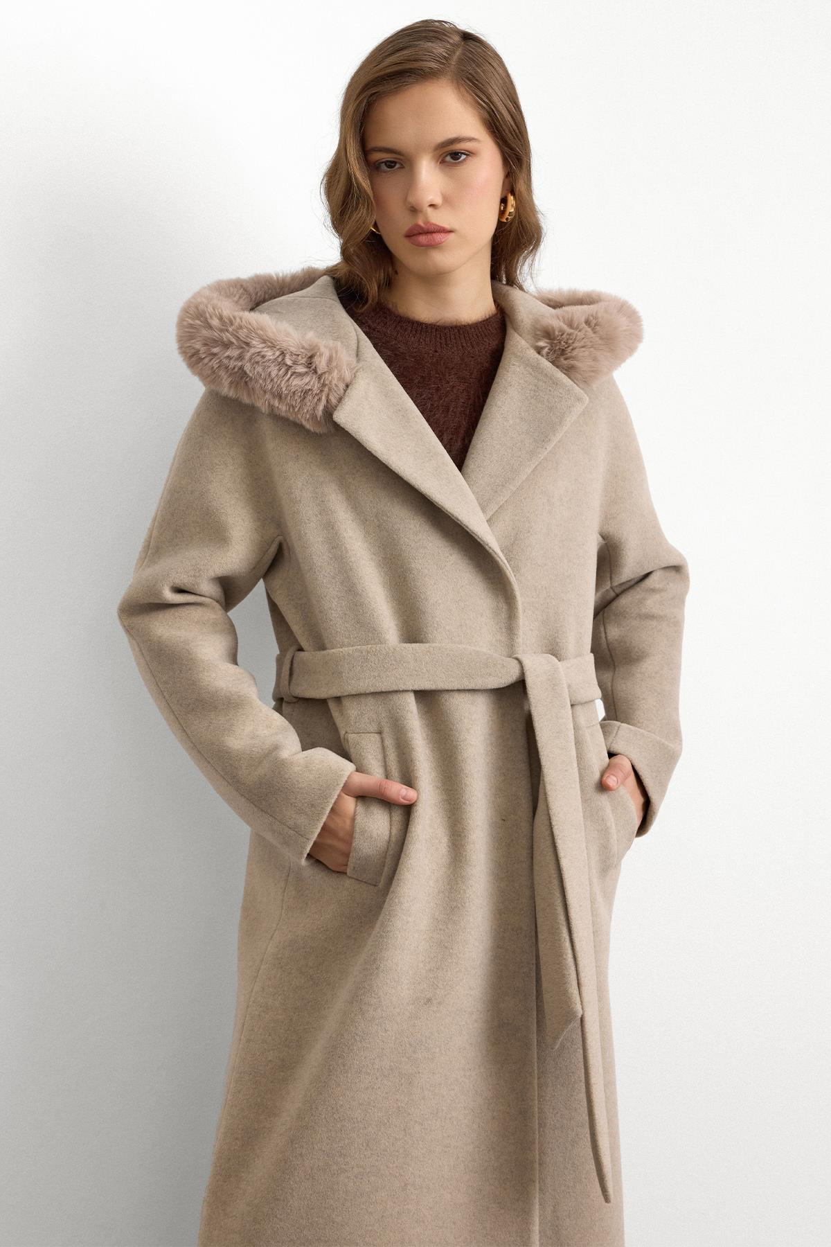 Furry Hooded Tied Waist Long Coat STONE 3107