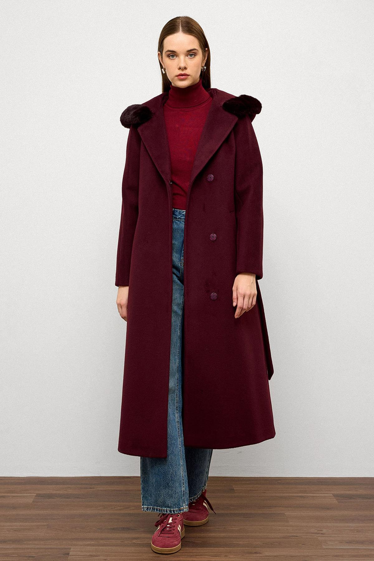 Furry Hooded Tied Waist Long Coat DAMSON 3107